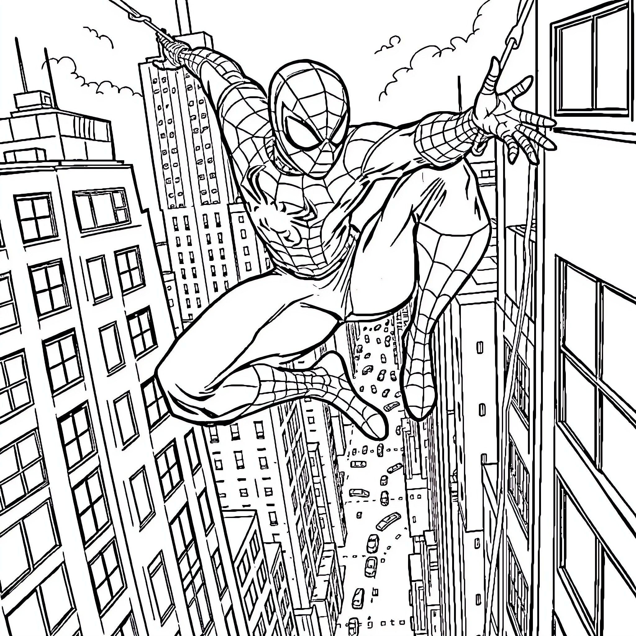 Spiderman swinging through the city skyline Coloring Page (free black-and-white line drawing printable PDF for all, from beginners to advanced learners, including children, teens, adults, and seniors)