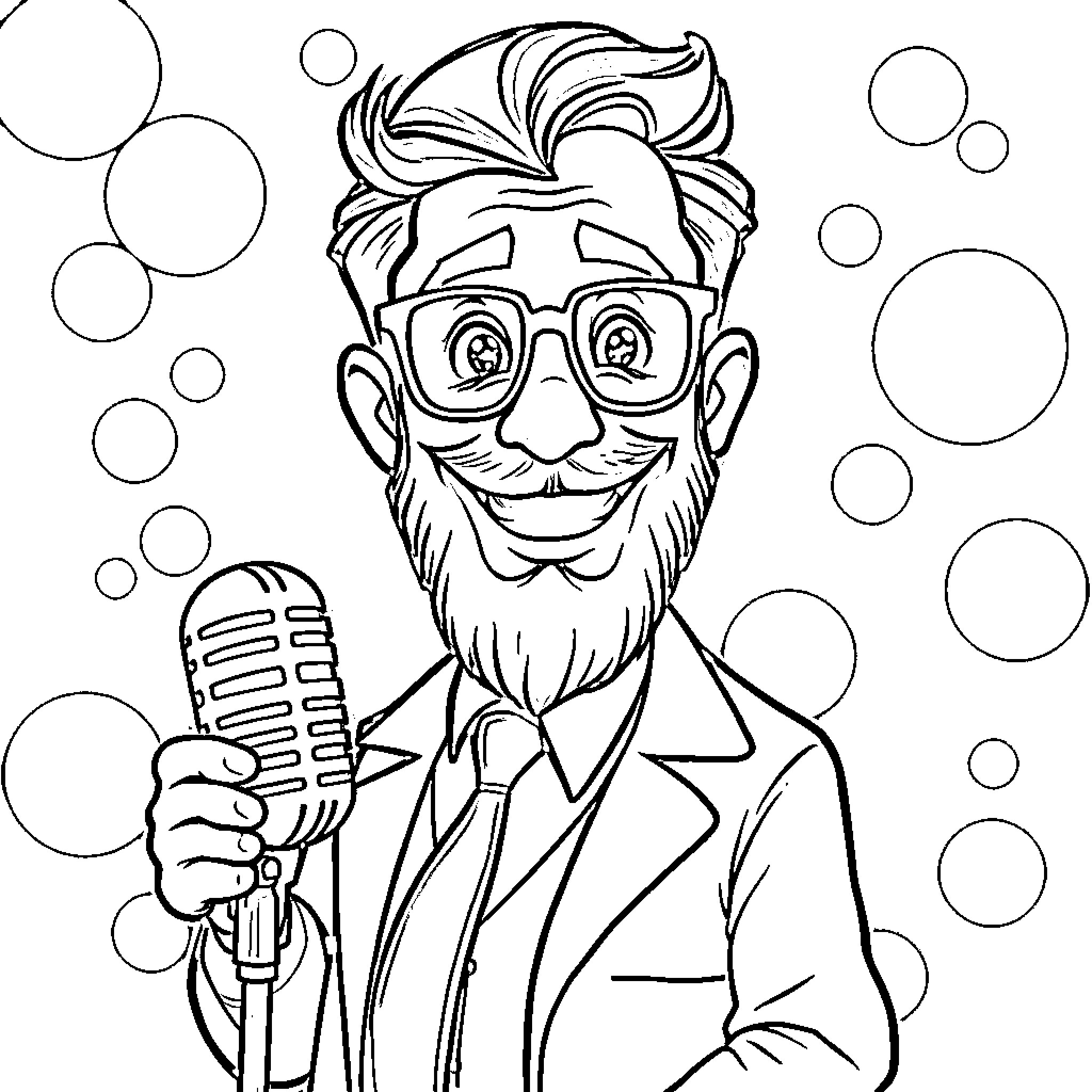Professor Holding Microphone and Smiling Cheerfully Coloring Page (free black-and-white line drawing printable PDF for all, from beginners to advanced learners, including children, teens, adults, and seniors)
