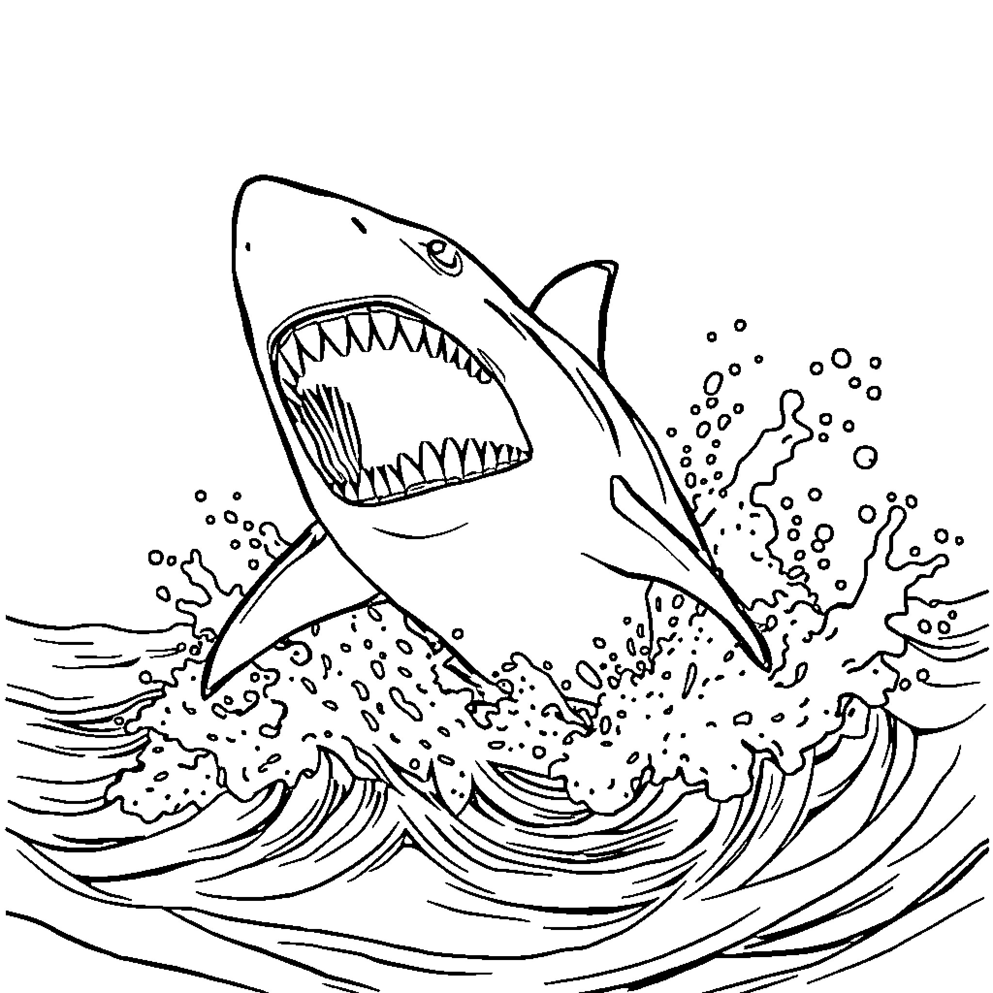 Shark hunting aggressively in rough waves Coloring Page (free black-and-white line drawing printable PDF for all, from beginners to advanced learners, including children, teens, adults, and seniors)