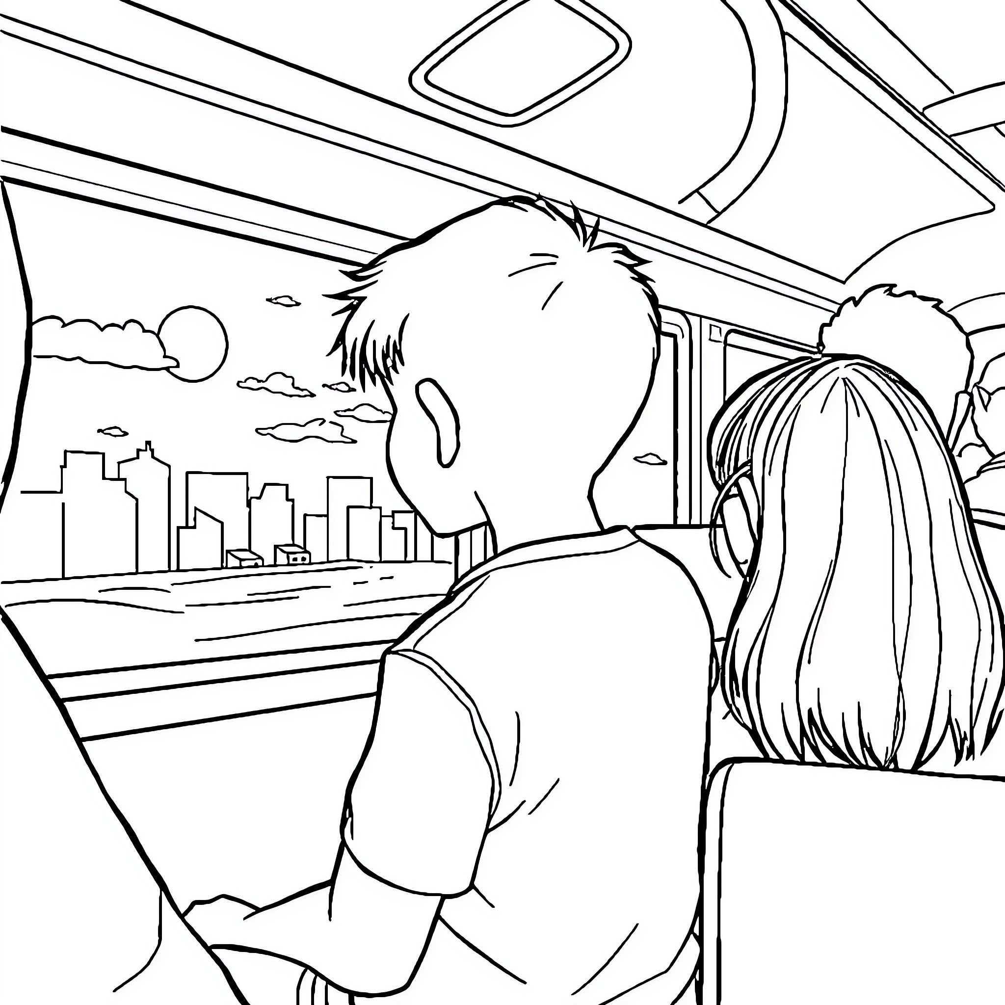 Boy looking out of car window with girl Coloring Page (free black-and-white line drawing printable PDF for all, from beginners to advanced learners, including children, teens, adults, and seniors)