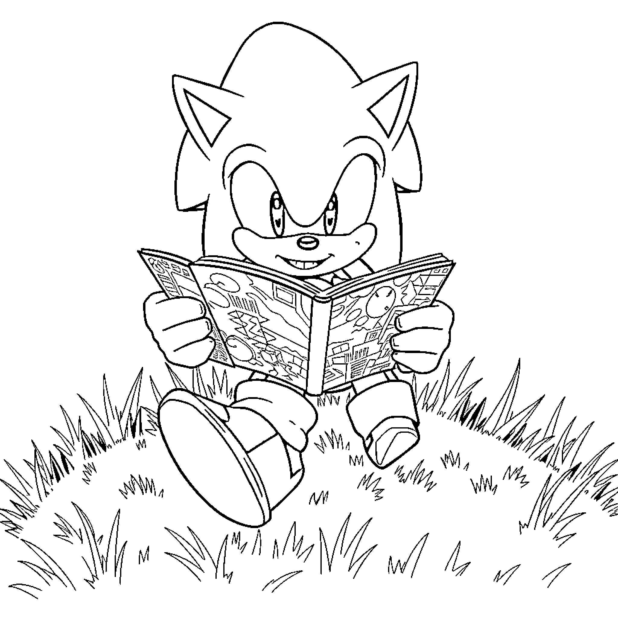 Sonic Reading a Book in the Grass Coloring Page (free black-and-white line drawing printable PDF for all, from beginners to advanced learners, including children, teens, adults, and seniors)
