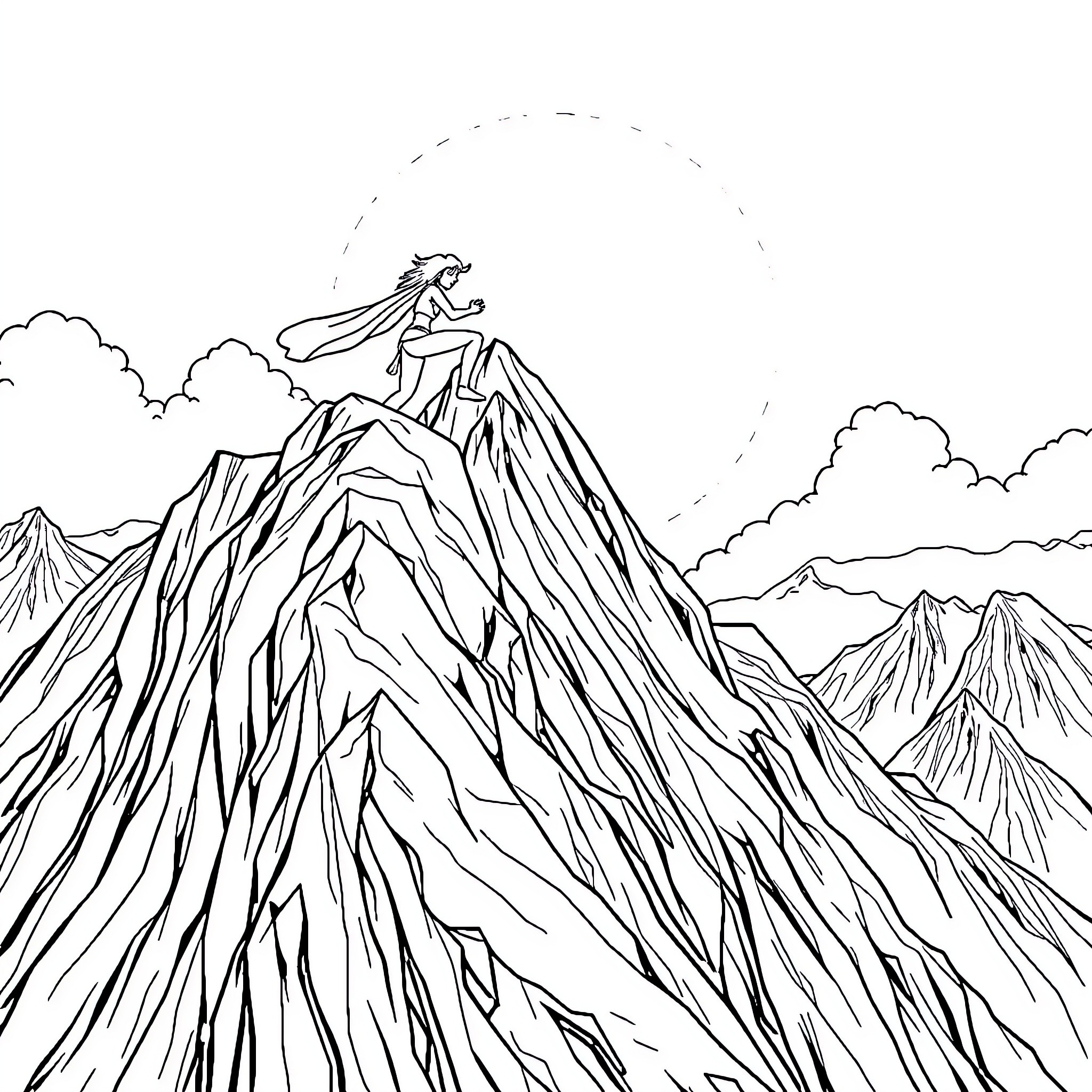 Miraculous Ascent Across Towering Peaks Coloring Page (free black-and-white line drawing printable PDF for all, from beginners to advanced learners, including children, teens, adults, and seniors)