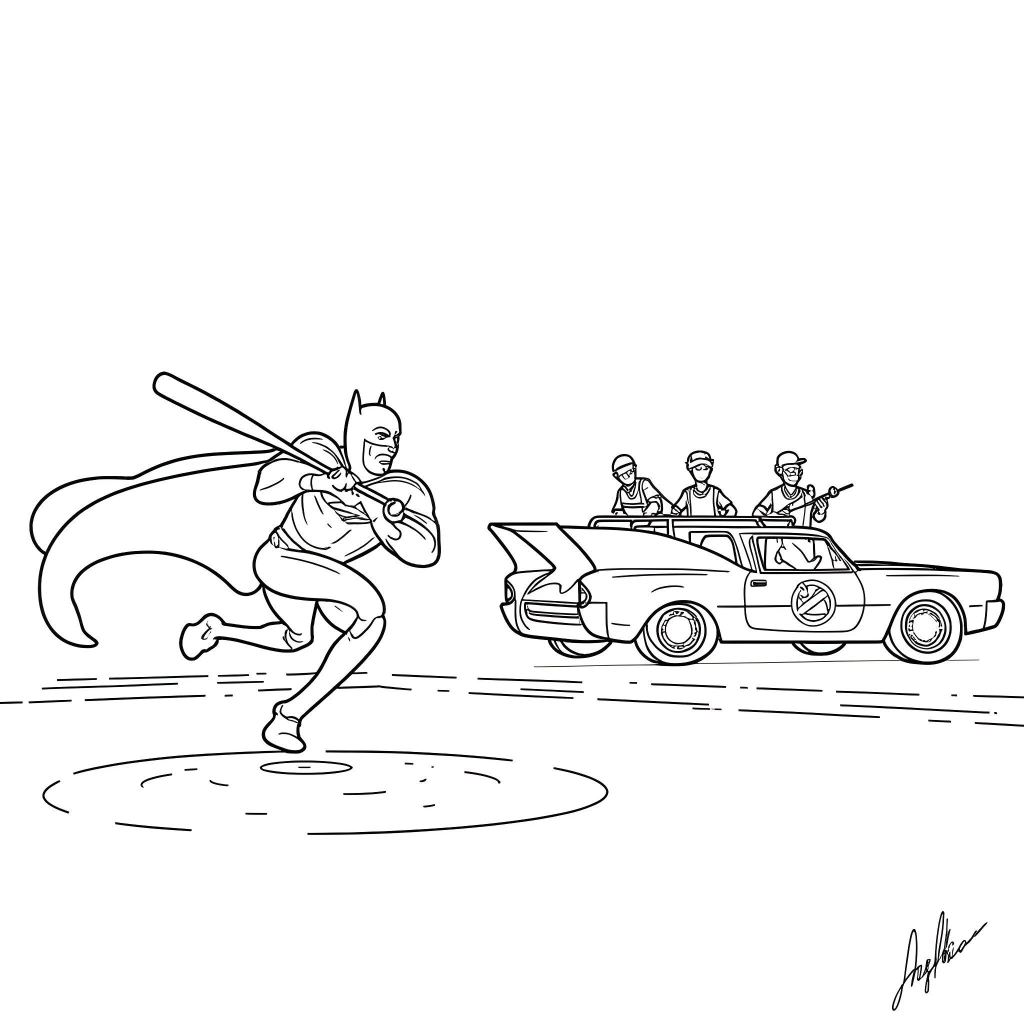 Batman flying into action while heroes ride in a car Coloring Page (free black-and-white line drawing printable PDF for all, from beginners to advanced learners, including children, teens, adults, and seniors)