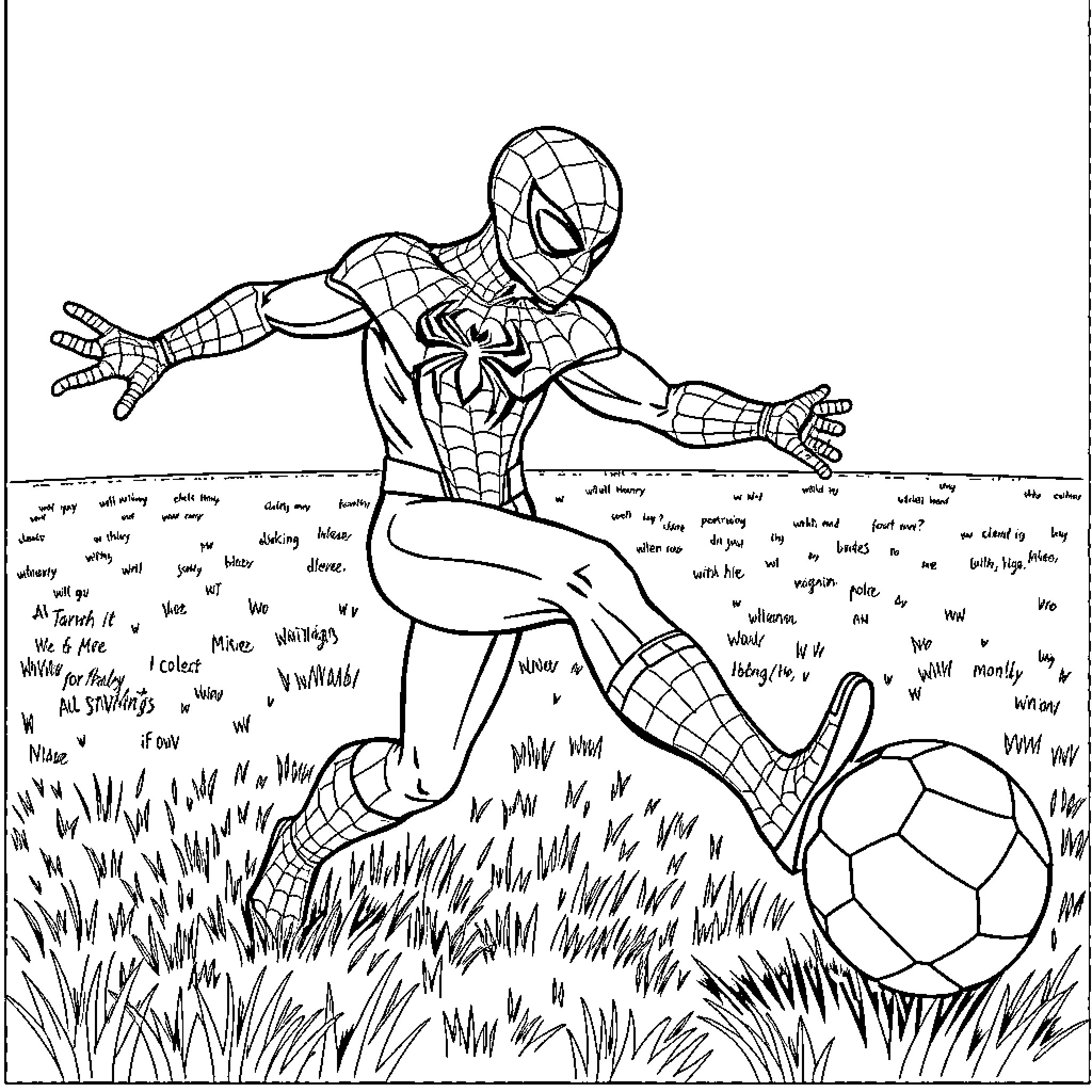 Spiderman kicking a soccer ball in a field Coloring Page (free black-and-white line drawing printable PDF for all, from beginners to advanced learners, including children, teens, adults, and seniors)