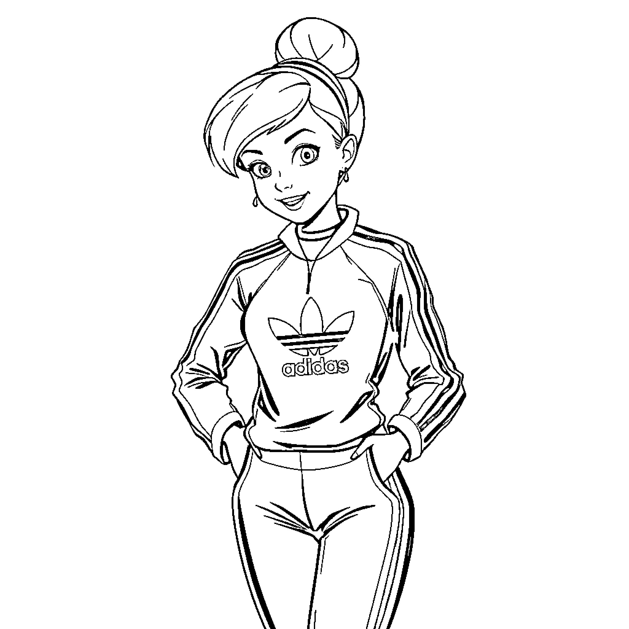 Cinderella in Sporty Adidas Outfit Coloring Page (free black-and-white line drawing printable PDF for all, from beginners to advanced learners, including children, teens, adults, and seniors)