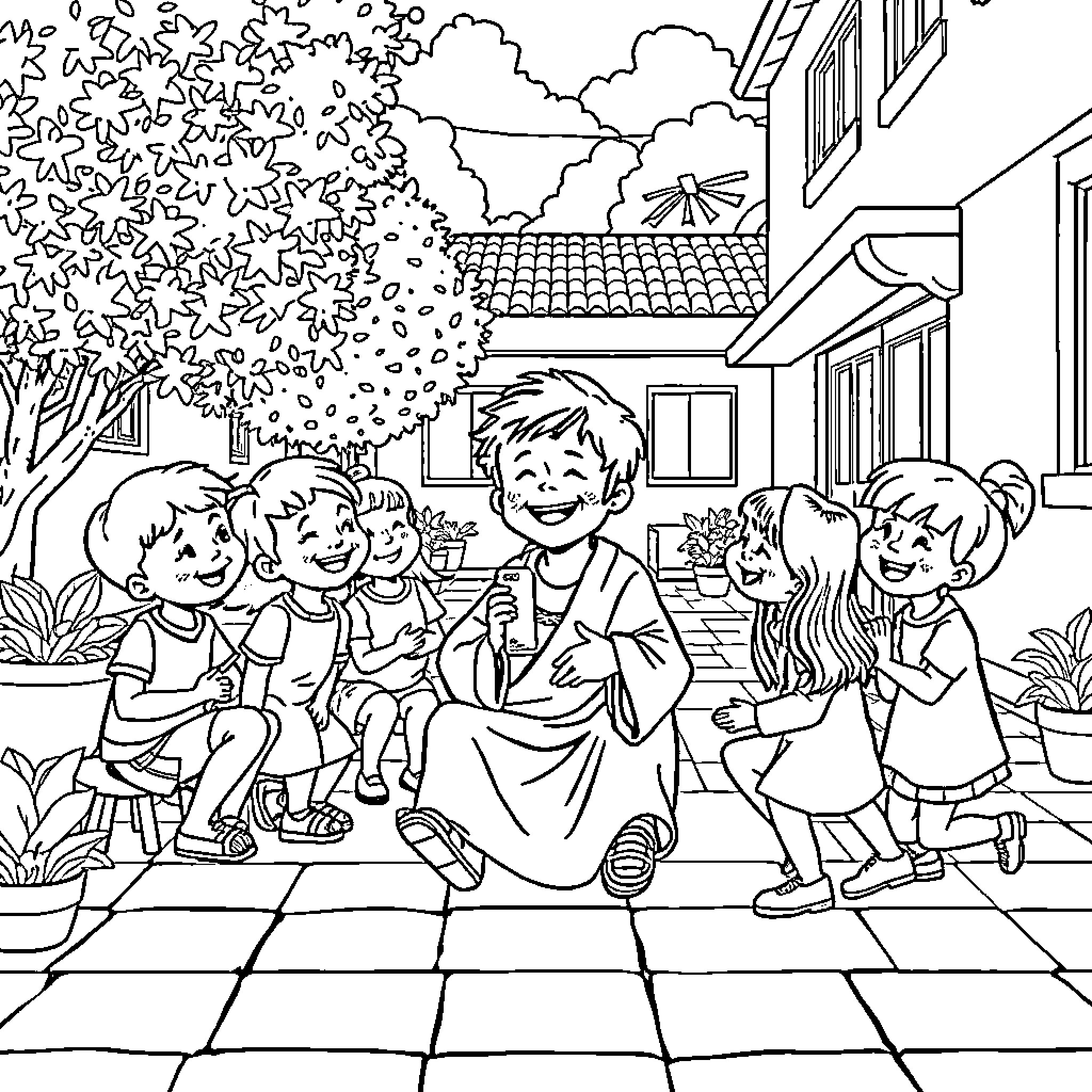 Niño Jesús playing with happy children in the garden Coloring Page (free black-and-white line drawing printable PDF for all, from beginners to advanced learners, including children, teens, adults, and seniors)