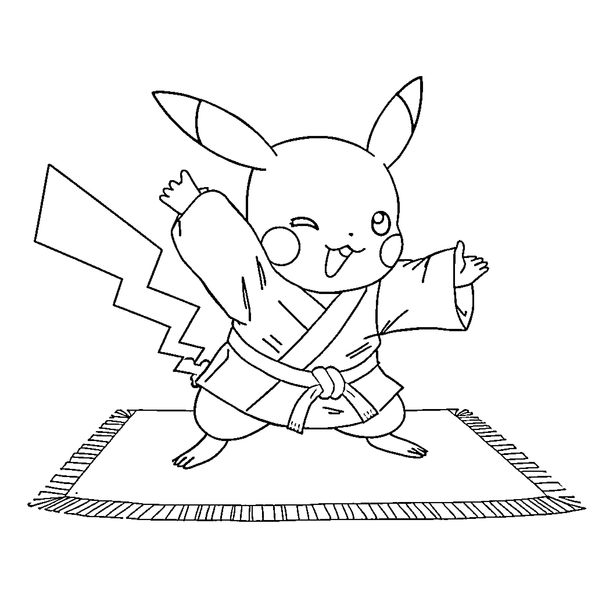 Pikachu practicing martial arts on a tatami mat Coloring Page (free black-and-white line drawing printable PDF for all, from beginners to advanced learners, including children, teens, adults, and seniors)