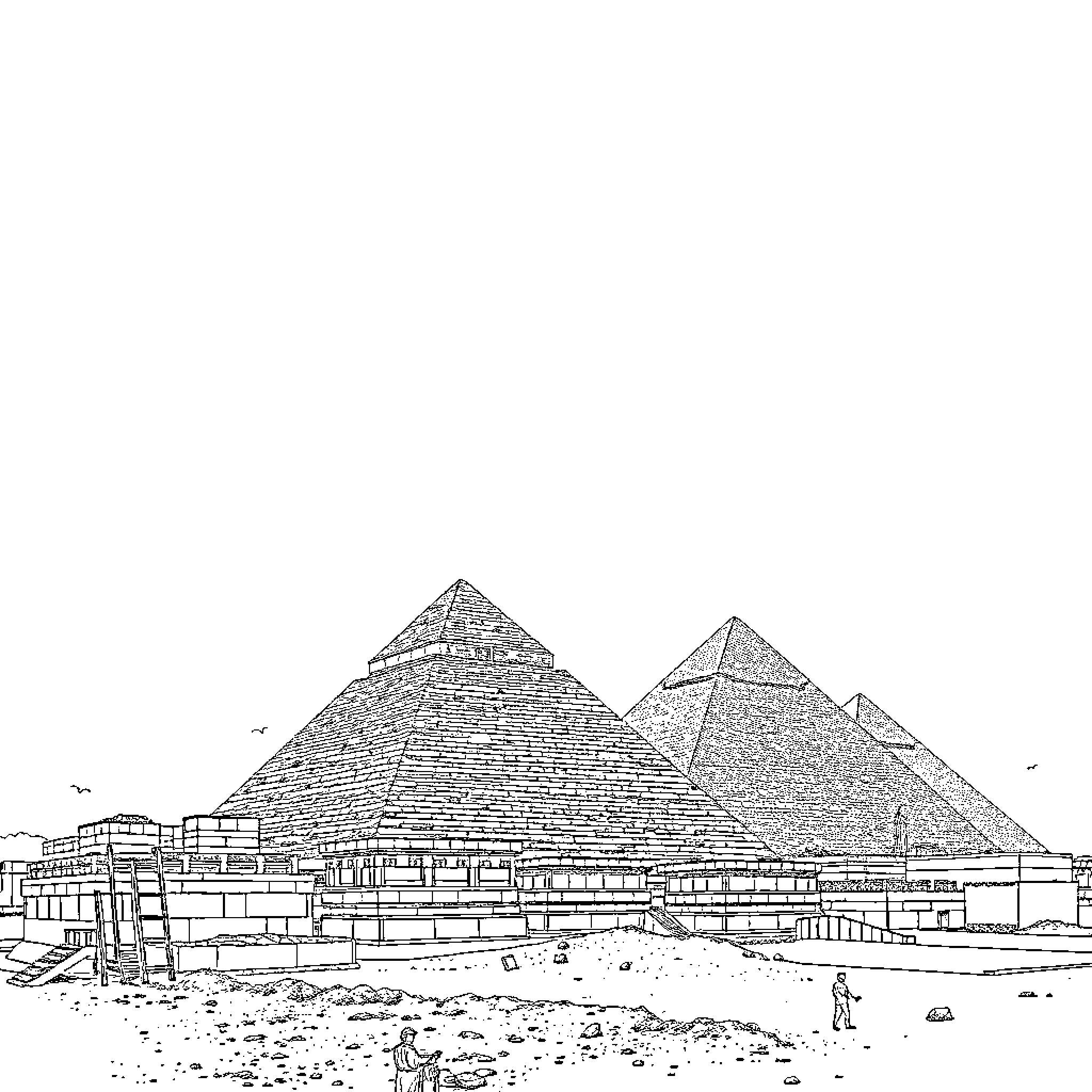 Pyramid Structures in Desert Landscape Coloring Page (free black-and-white line drawing printable PDF for all, from beginners to advanced learners, including children, teens, adults, and seniors)