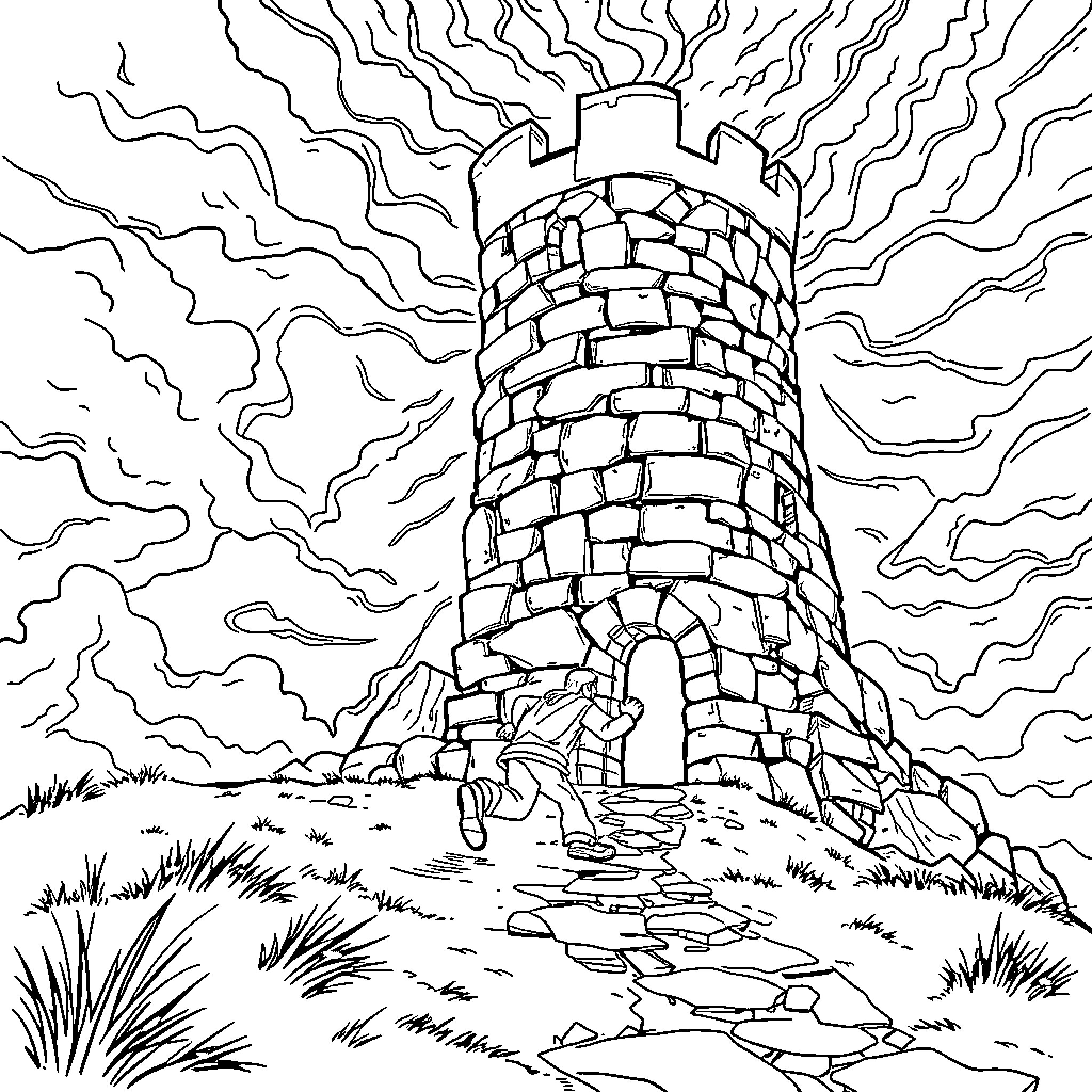 Tower in Stormy Landscape Coloring Page (free black-and-white line drawing printable PDF for all, from beginners to advanced learners, including children, teens, adults, and seniors)