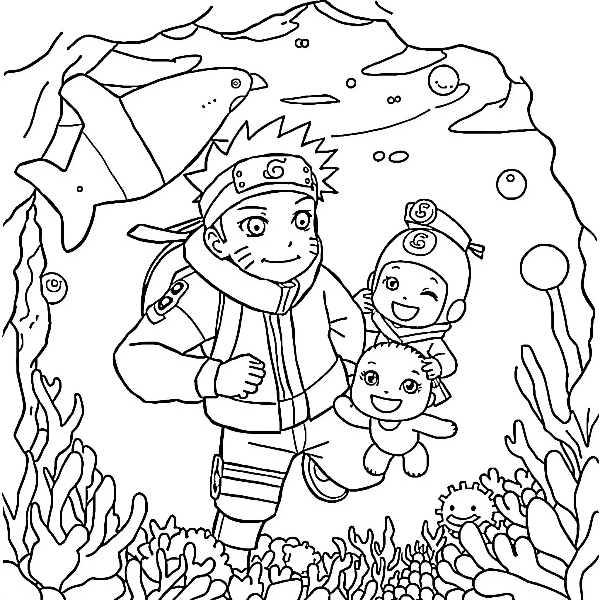 Naruto and friends exploring the underwater world Coloring Page (free black-and-white line drawing printable PDF for all, from beginners to advanced learners, including children, teens, adults, and seniors)