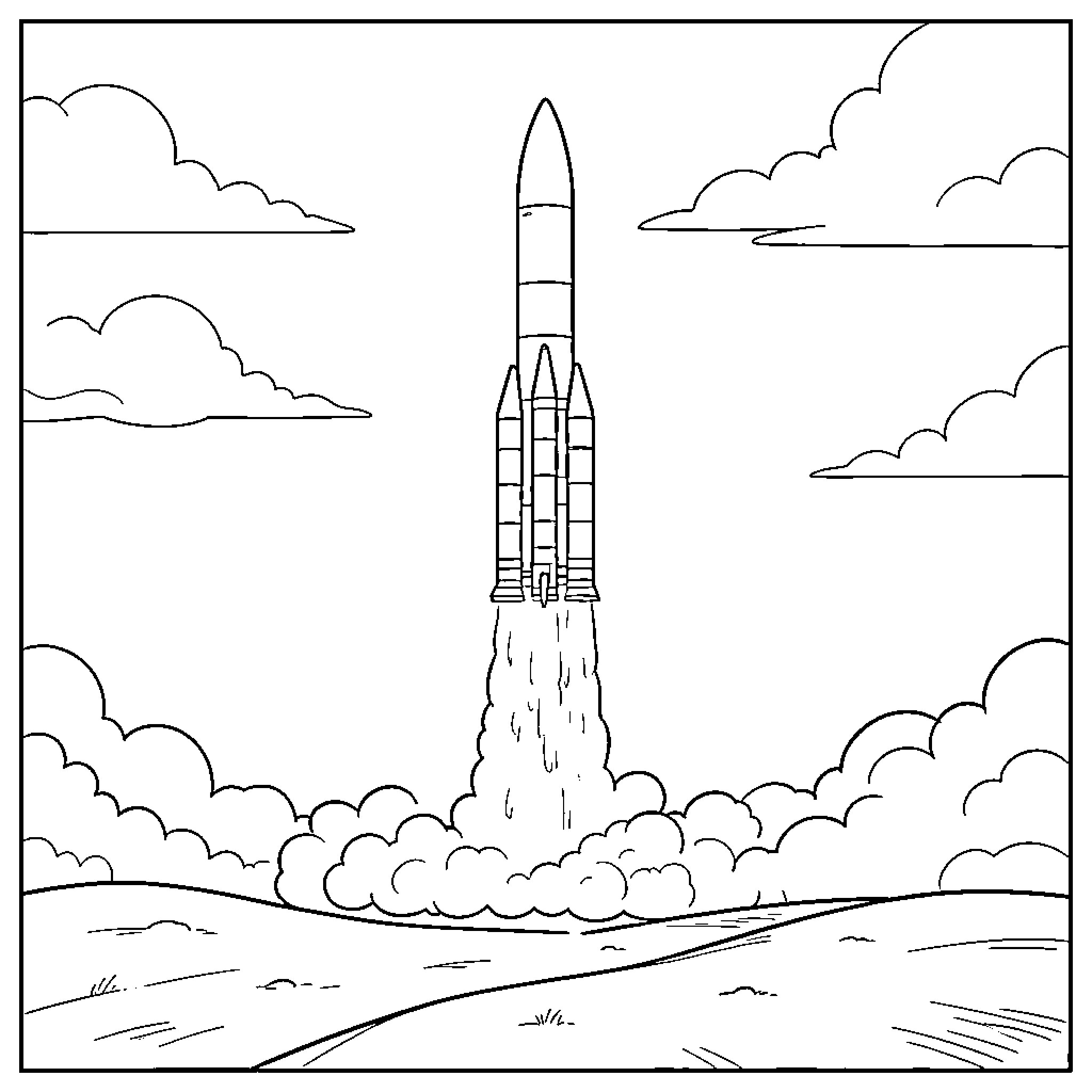 Ariane Rocket launching into the sky through clouds Coloring Page (free black-and-white line drawing printable PDF for all, from beginners to advanced learners, including children, teens, adults, and seniors)