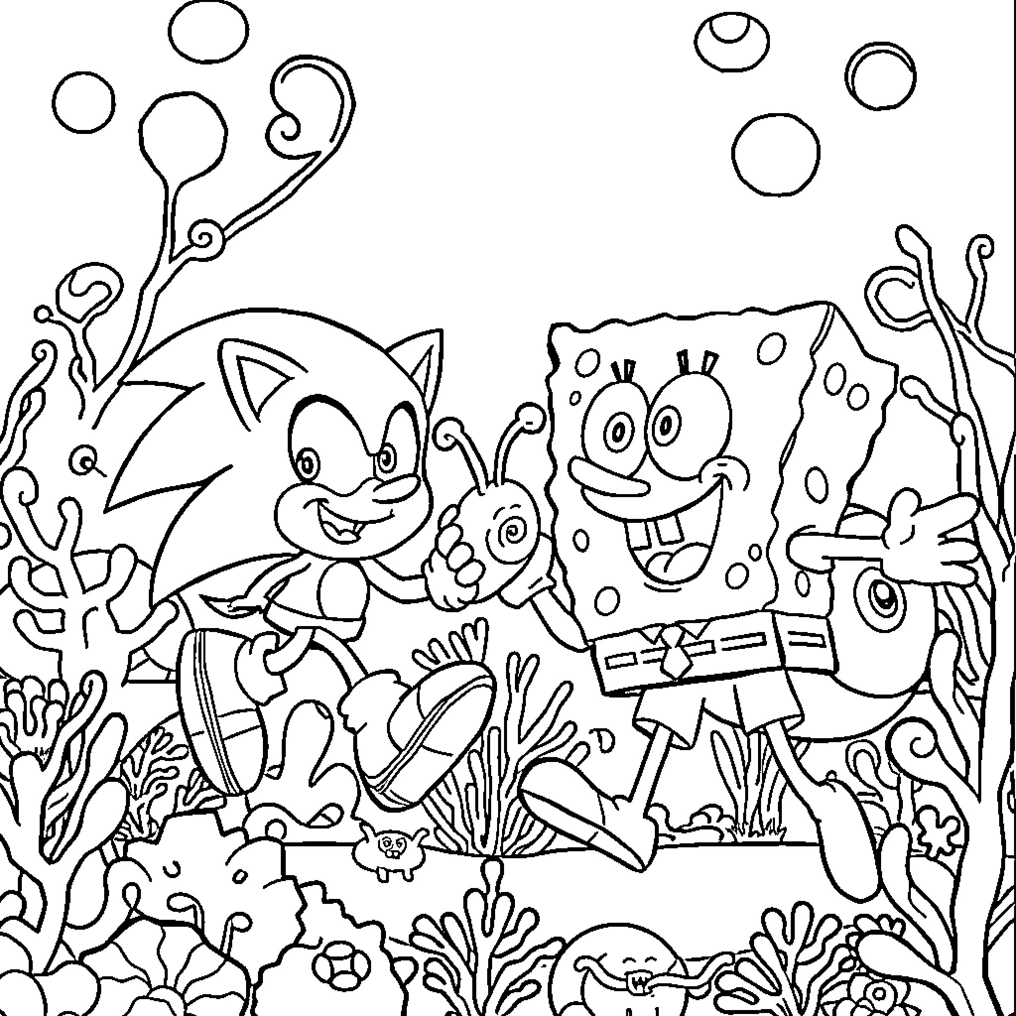 Sonic's Underwater Adventure with Spongebob Coloring Page (free black-and-white line drawing printable PDF for all, from beginners to advanced learners, including children, teens, adults, and seniors)