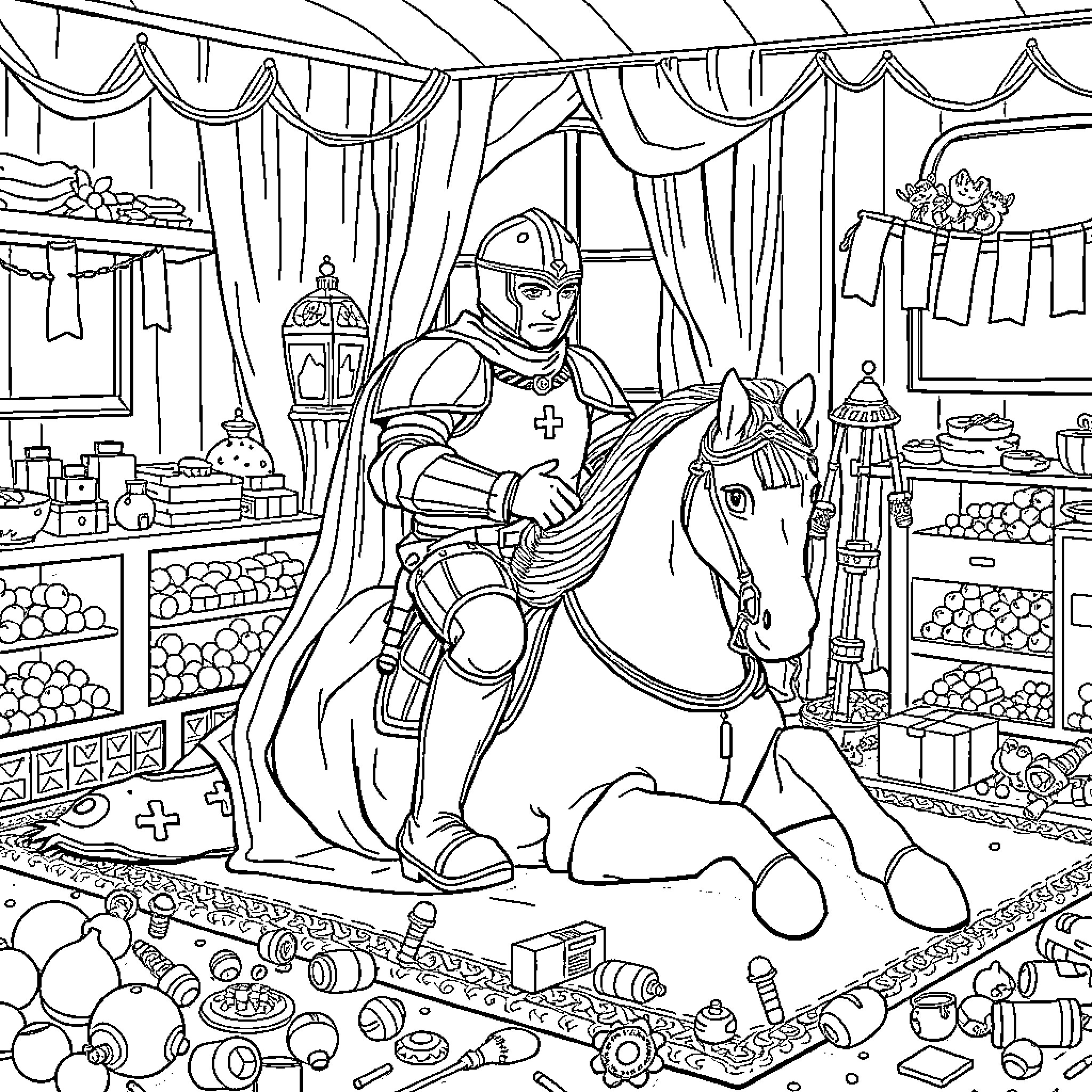 Chevalier's Armory: A Knight's Repose Coloring Page (free black-and-white line drawing printable PDF for all, from beginners to advanced learners, including children, teens, adults, and seniors)