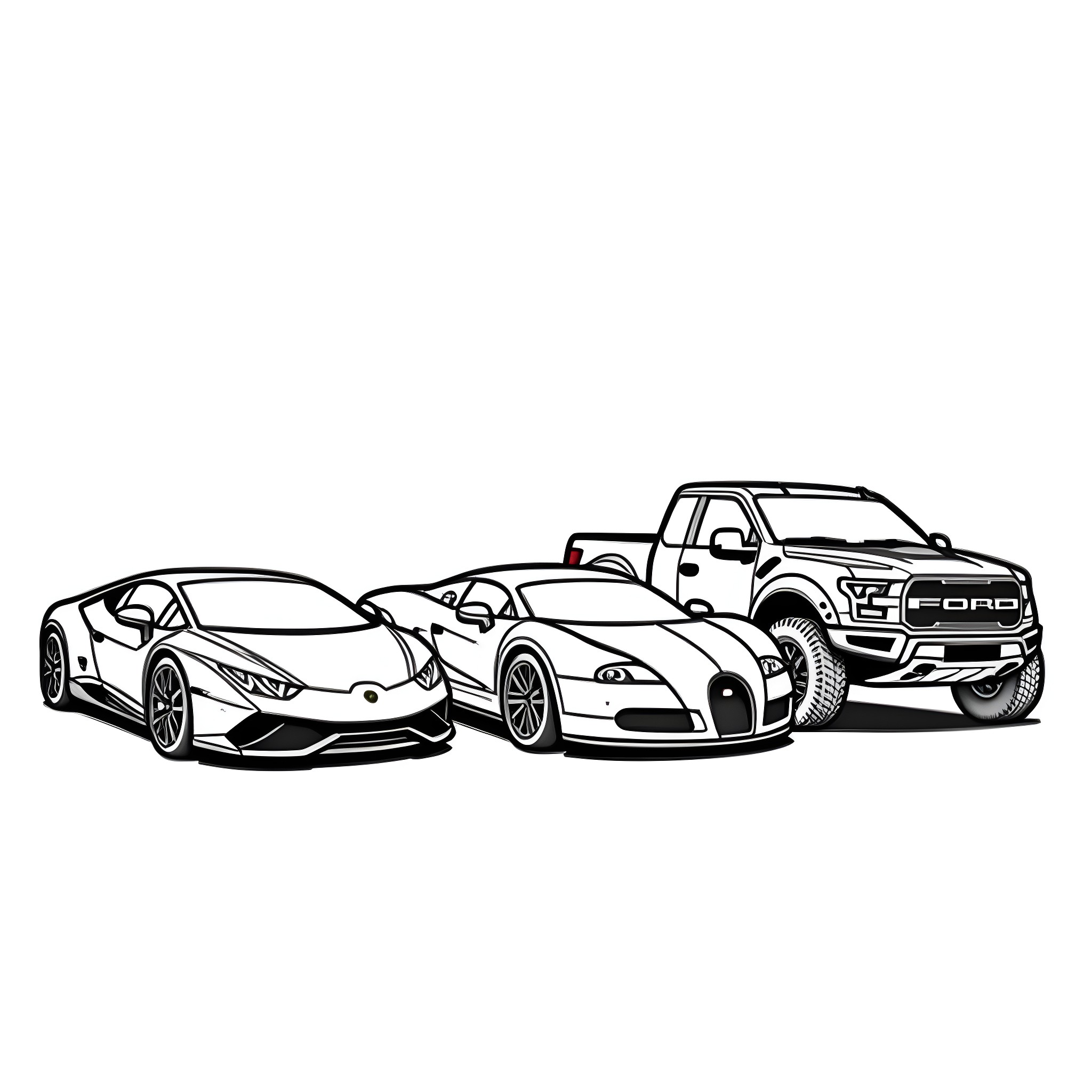Car display of luxury and rugged models Coloring Page (free black-and-white line drawing printable PDF for all, from beginners to advanced learners, including children, teens, adults, and seniors)