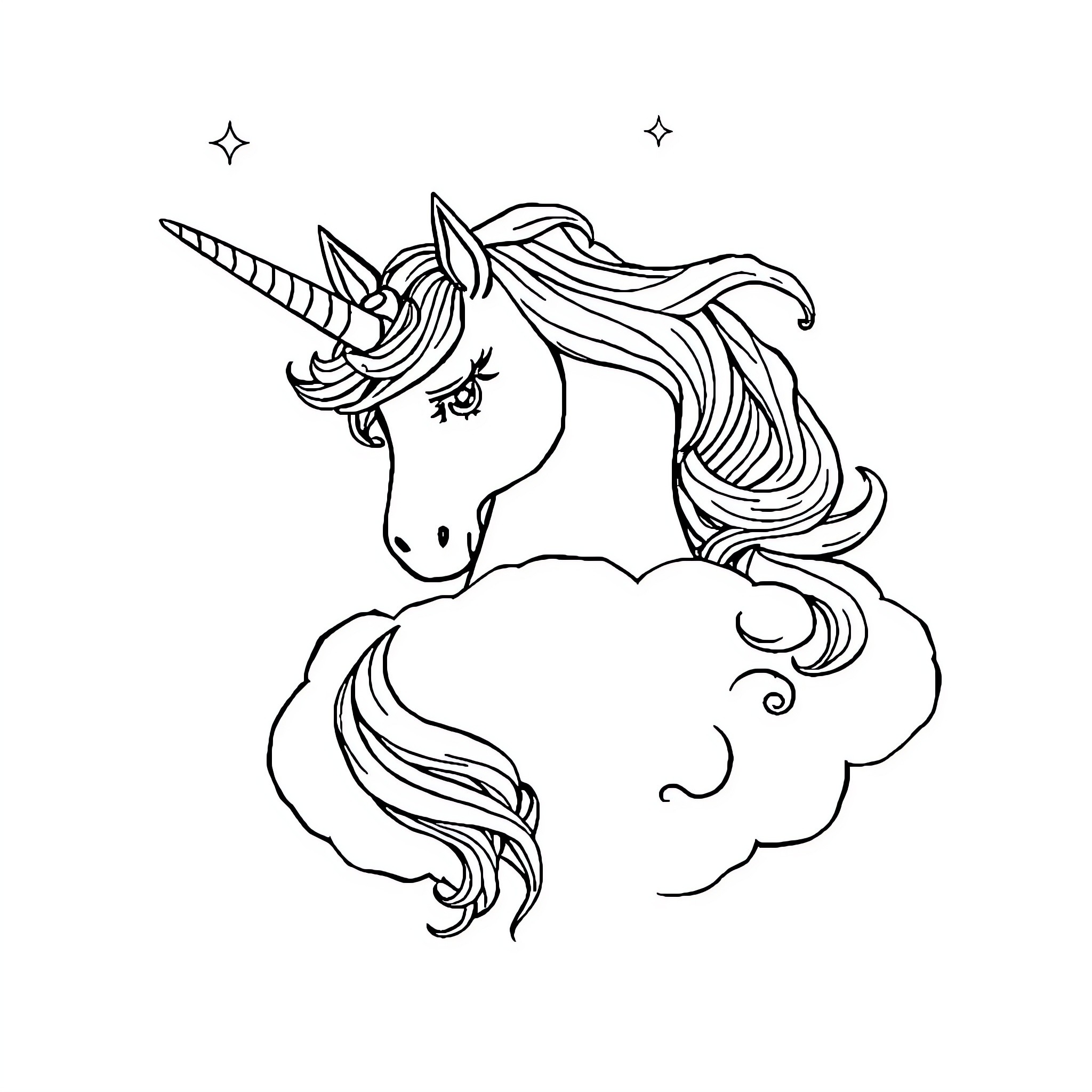 Unicorn lounging on a magical cloud Coloring Page (free black-and-white line drawing printable PDF for all, from beginners to advanced learners, including children, teens, adults, and seniors)