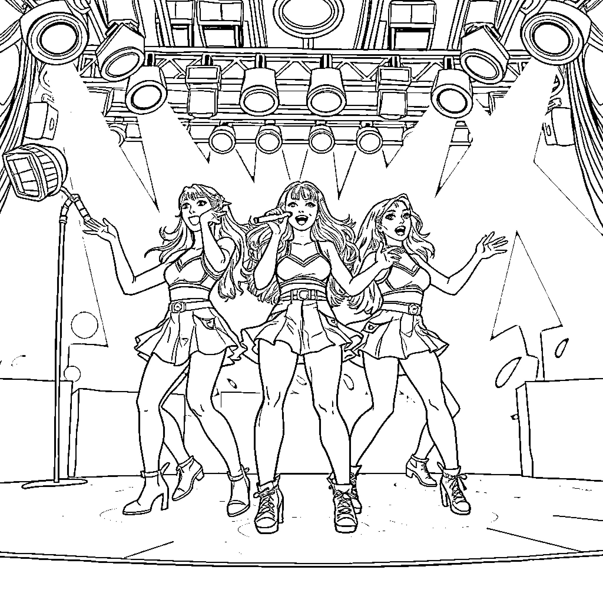 K-Pop Warriors Performing on Stage with Passion Coloring Page (free black-and-white line drawing printable PDF for all, from beginners to advanced learners, including children, teens, adults, and seniors)
