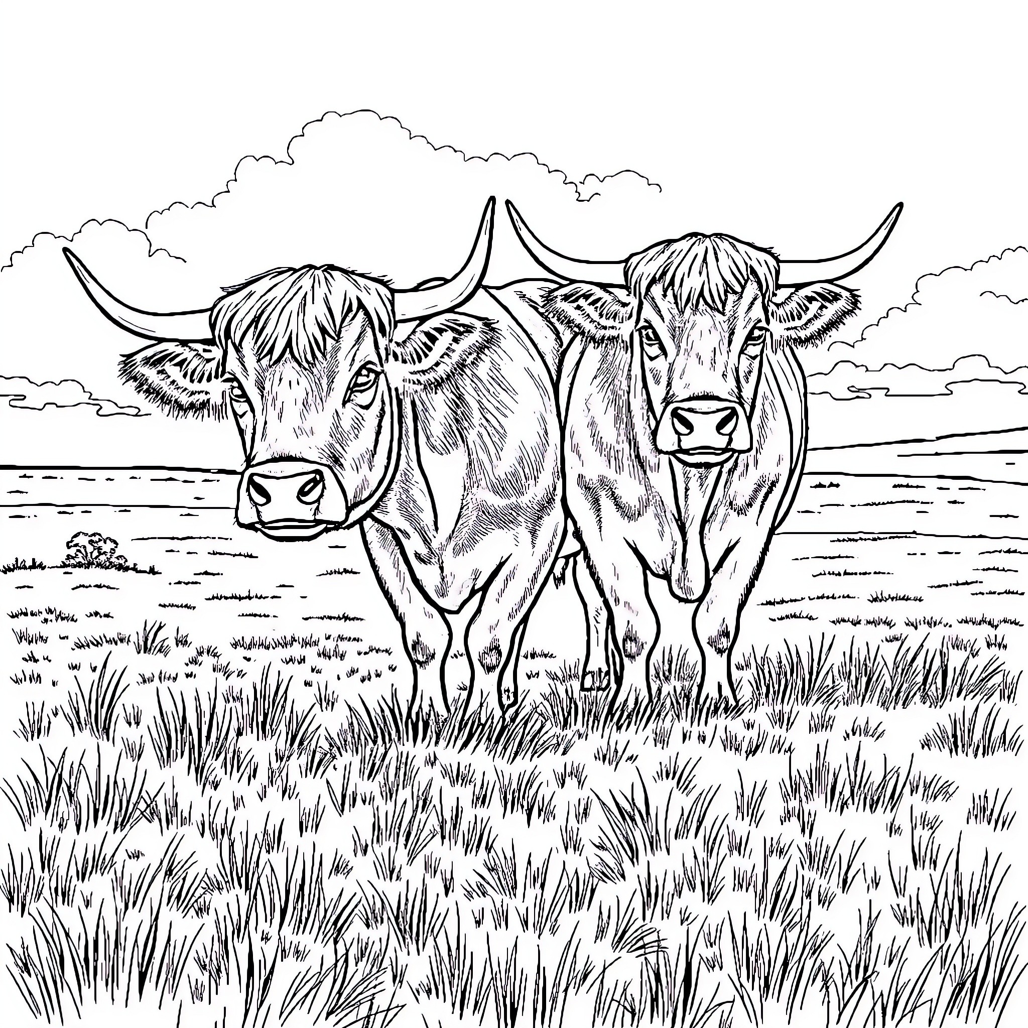 Highland Cows Grazing in Pastoral Landscape Coloring Page (free black-and-white line drawing printable PDF for all, from beginners to advanced learners, including children, teens, adults, and seniors)