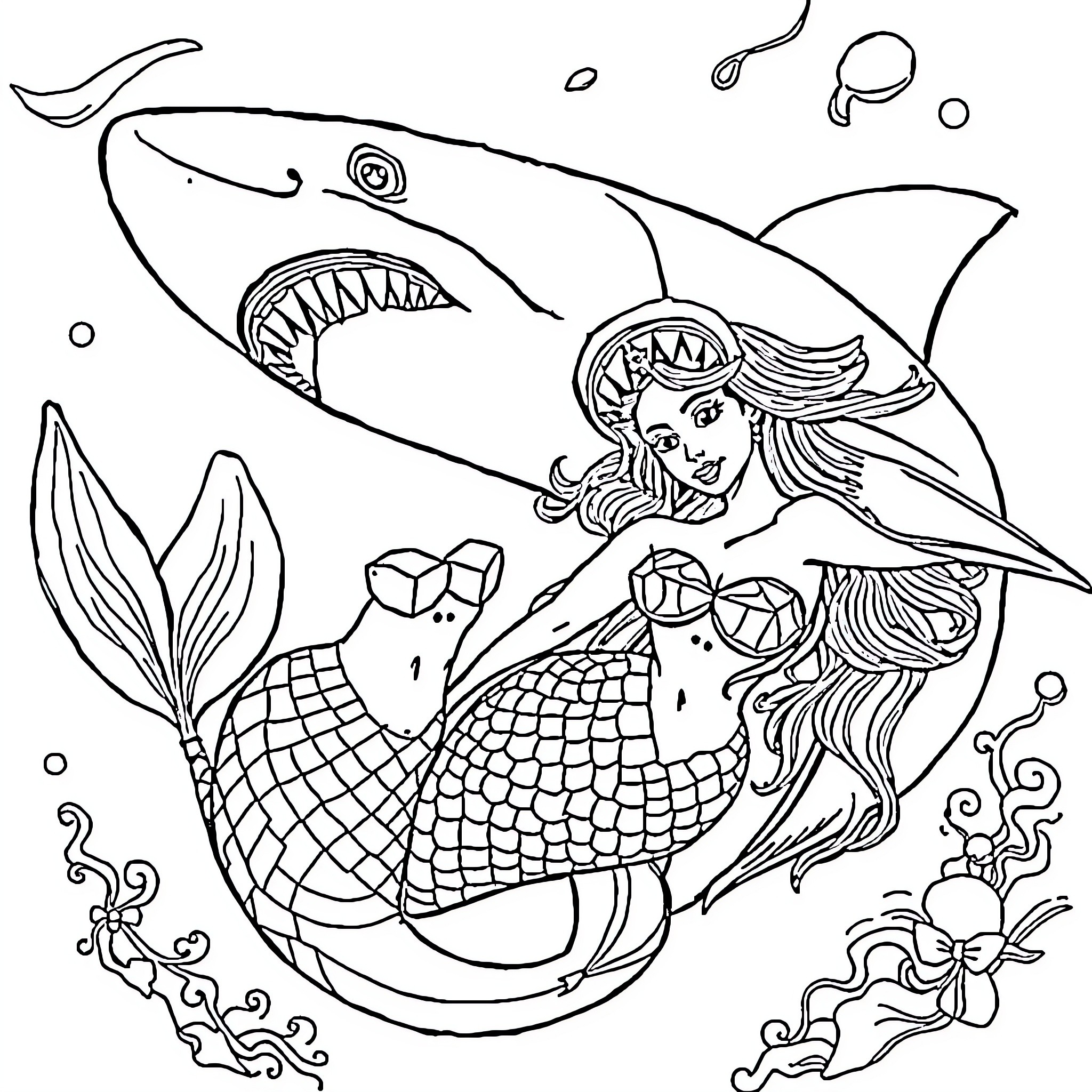 Shark-tailed mermaid swimming playfully in the sea Coloring Page (free black-and-white line drawing printable PDF for all, from beginners to advanced learners, including children, teens, adults, and seniors)