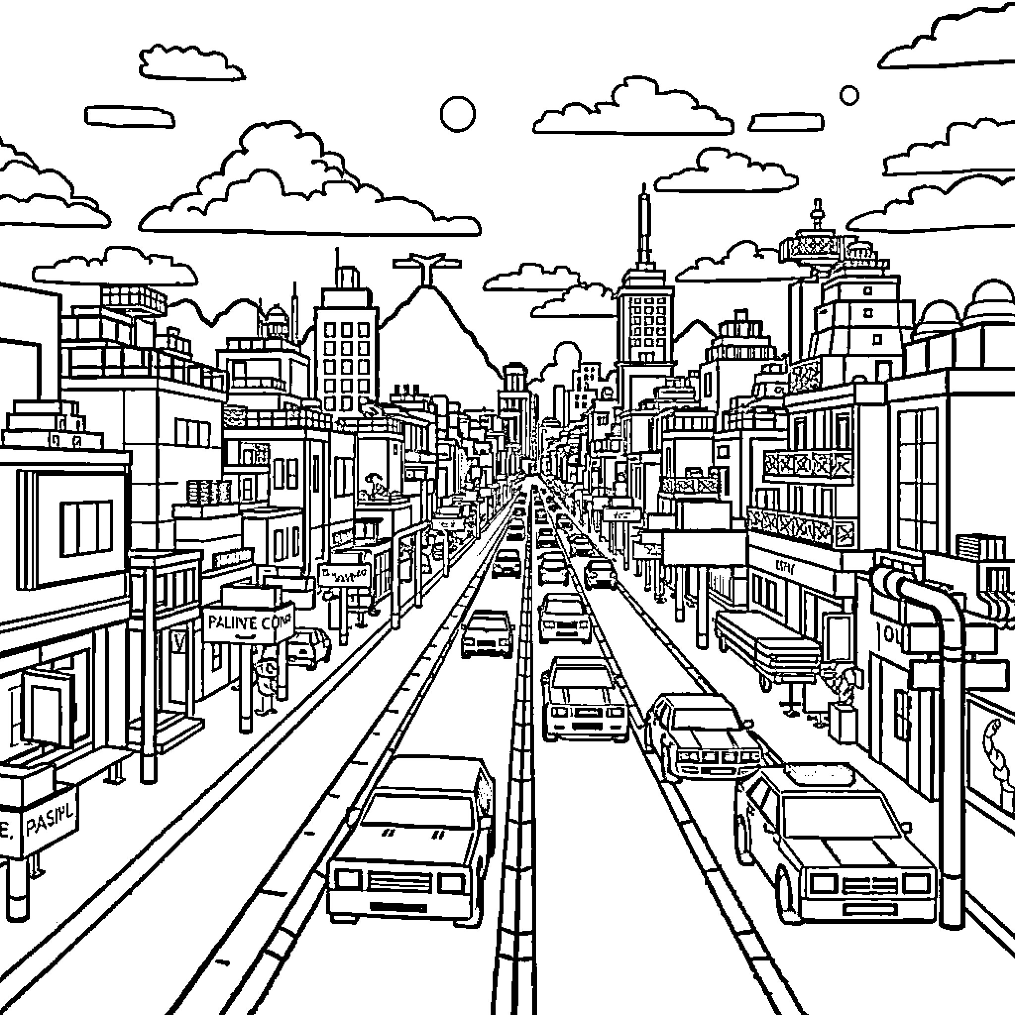 Minecraft City with Bustling Traffic Coloring Page (free black-and-white line drawing printable PDF for all, from beginners to advanced learners, including children, teens, adults, and seniors)