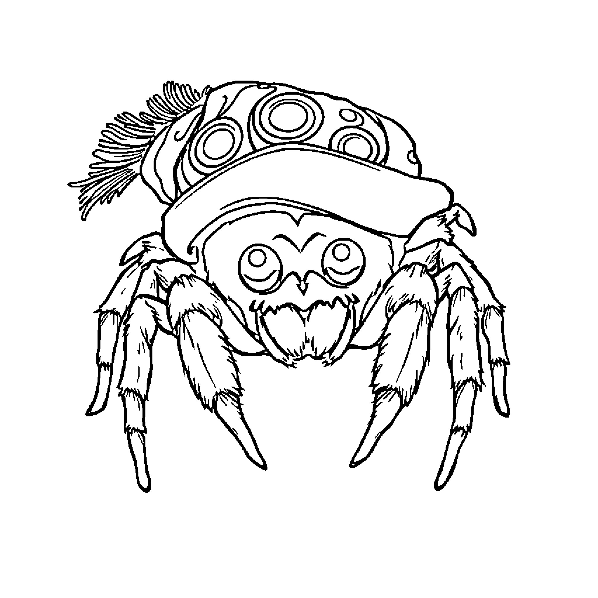 Spider wearing a patterned helmet and exploring the mountains Coloring Page (free black-and-white line drawing printable PDF for all, from beginners to advanced learners, including children, teens, adults, and seniors)