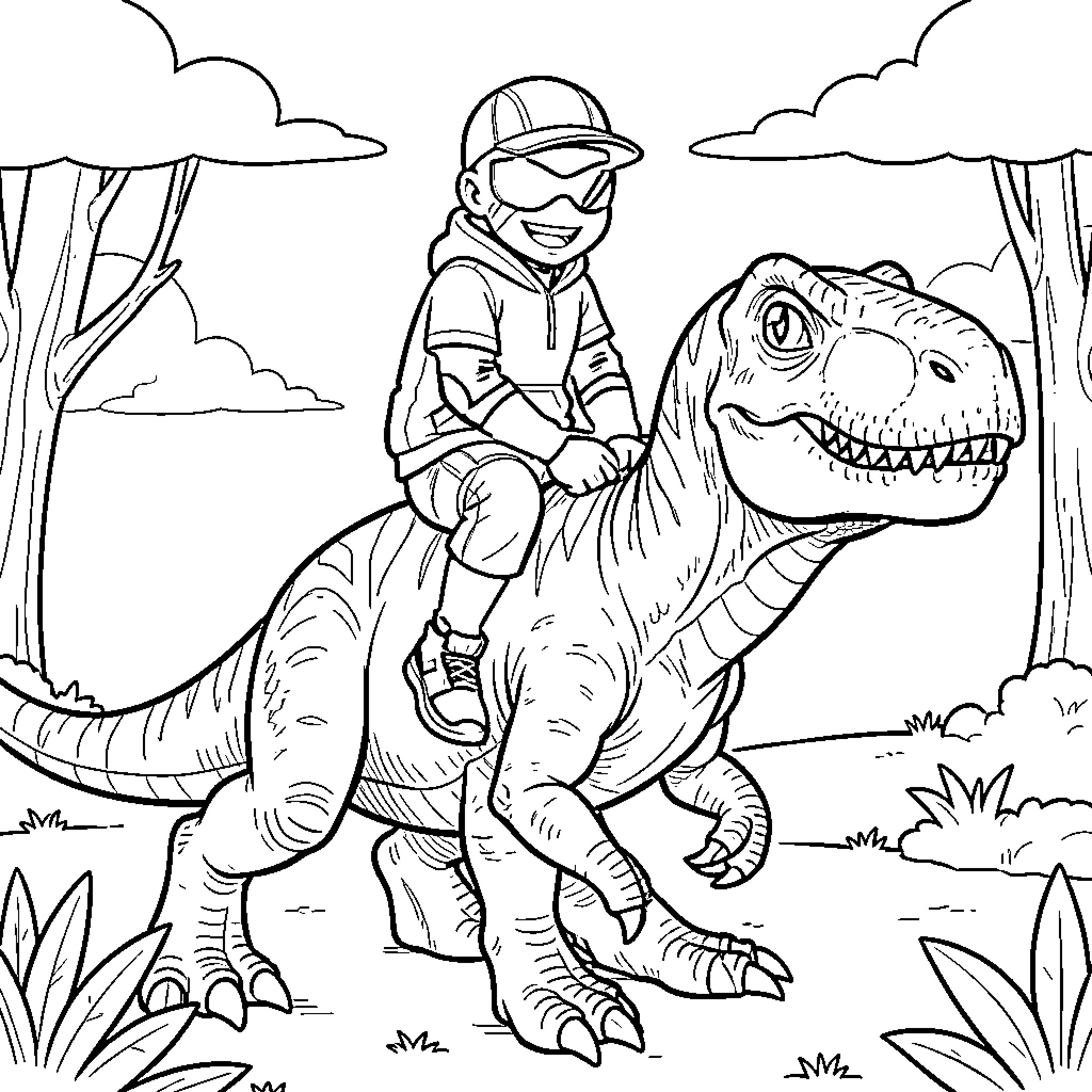 Miles Morales riding a large dinosaur in nature Coloring Page (free black-and-white line drawing printable PDF for all, from beginners to advanced learners, including children, teens, adults, and seniors)