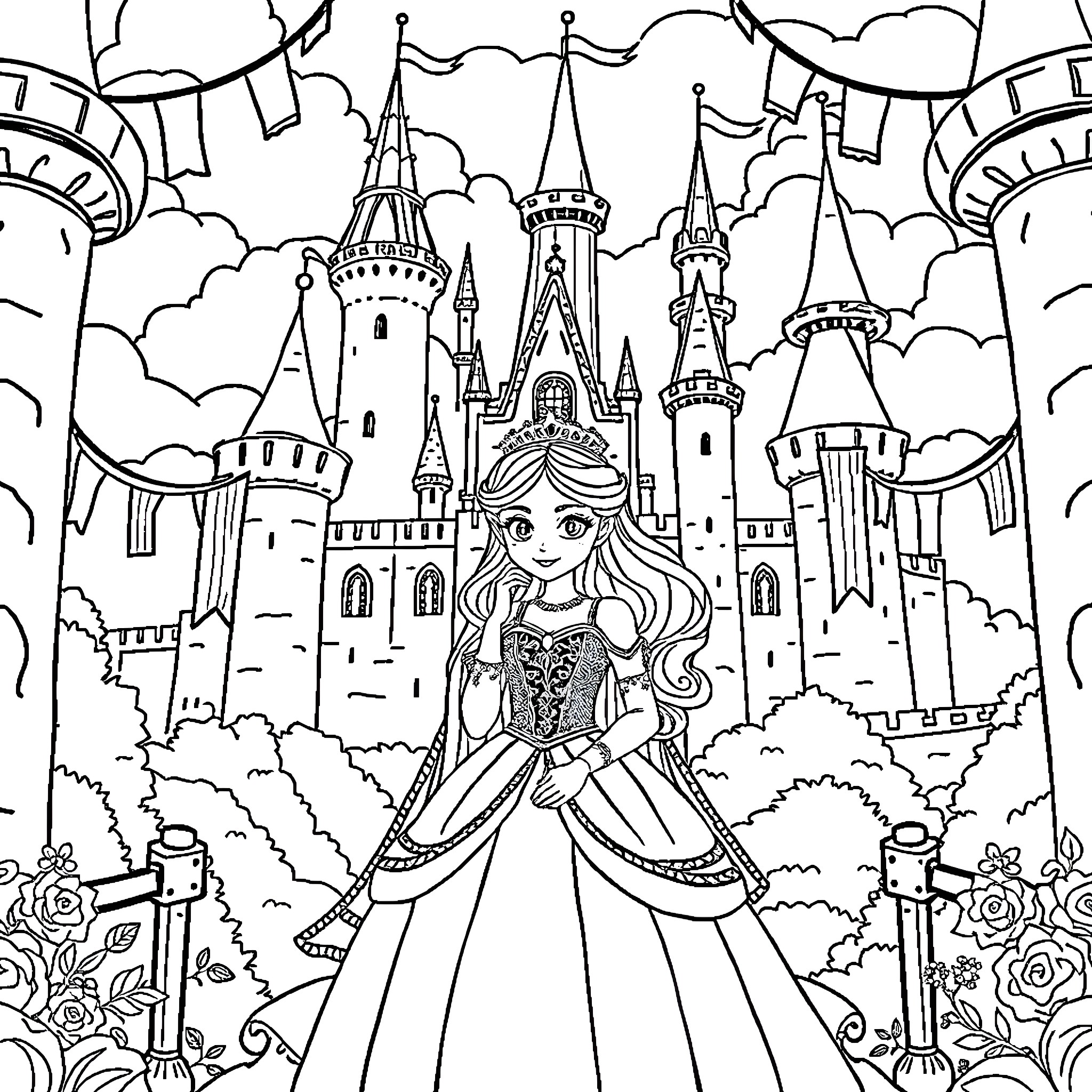 Bluey exploring the enchanting castle landscape Coloring Page (free black-and-white line drawing printable PDF for all, from beginners to advanced learners, including children, teens, adults, and seniors)