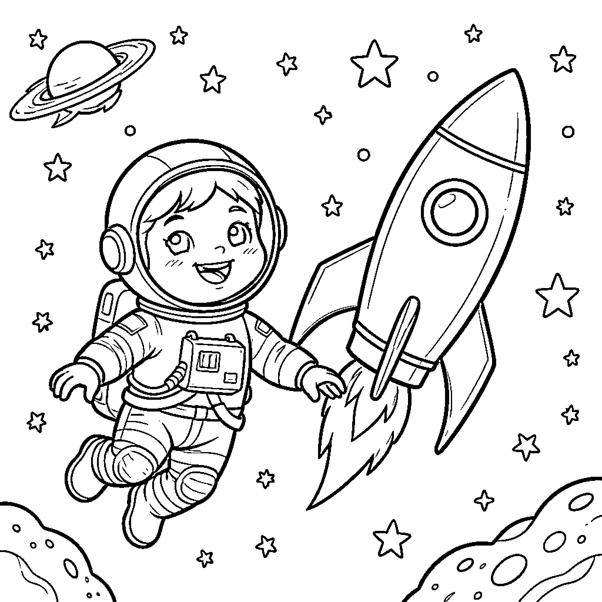 Astronaut floating happily near a rocket in space Coloring Page (free black-and-white line drawing printable PDF for all, from beginners to advanced learners, including children, teens, adults, and seniors)