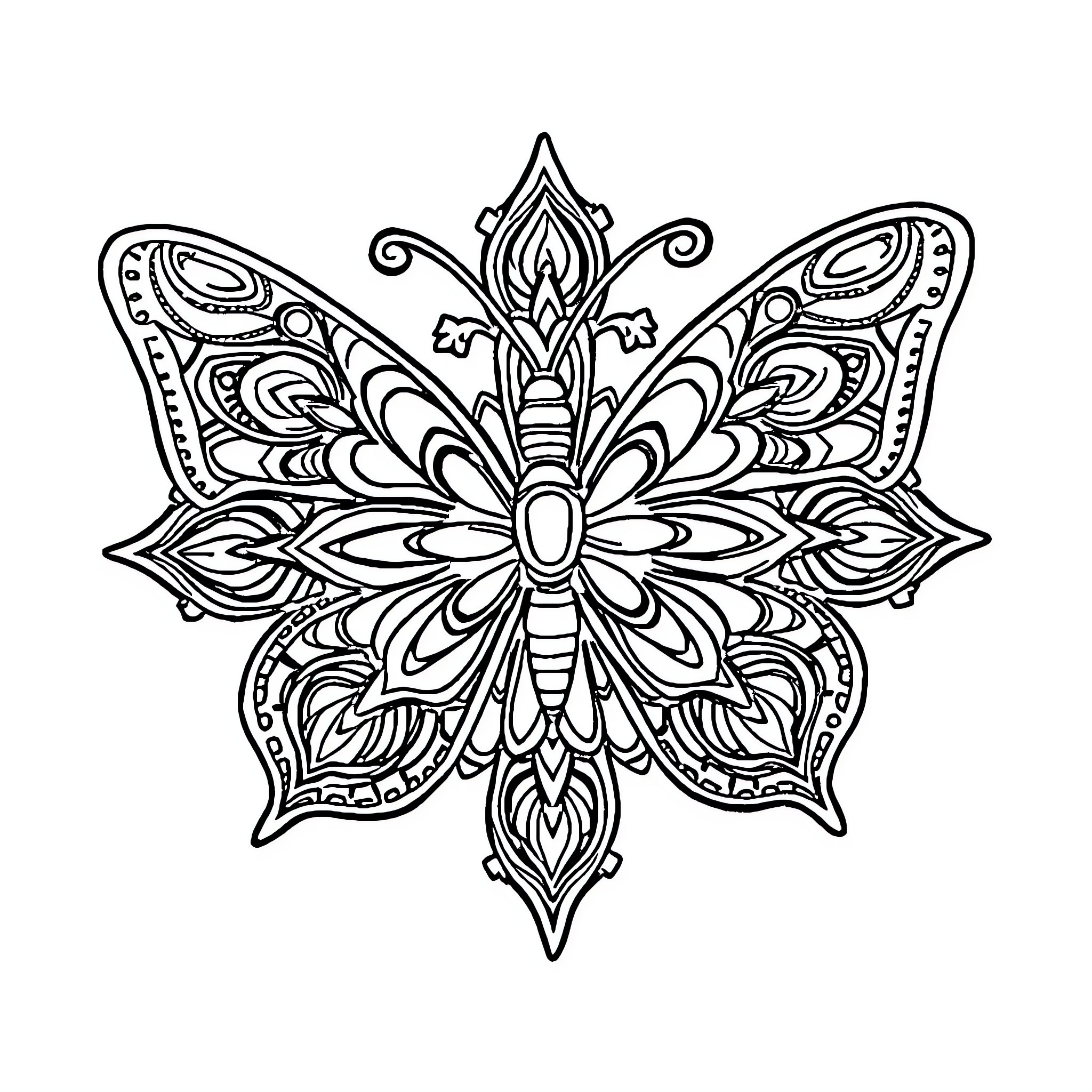 Butterfly Mandala Design Coloring Page (free black-and-white line drawing printable PDF for all, from beginners to advanced learners, including children, teens, adults, and seniors)