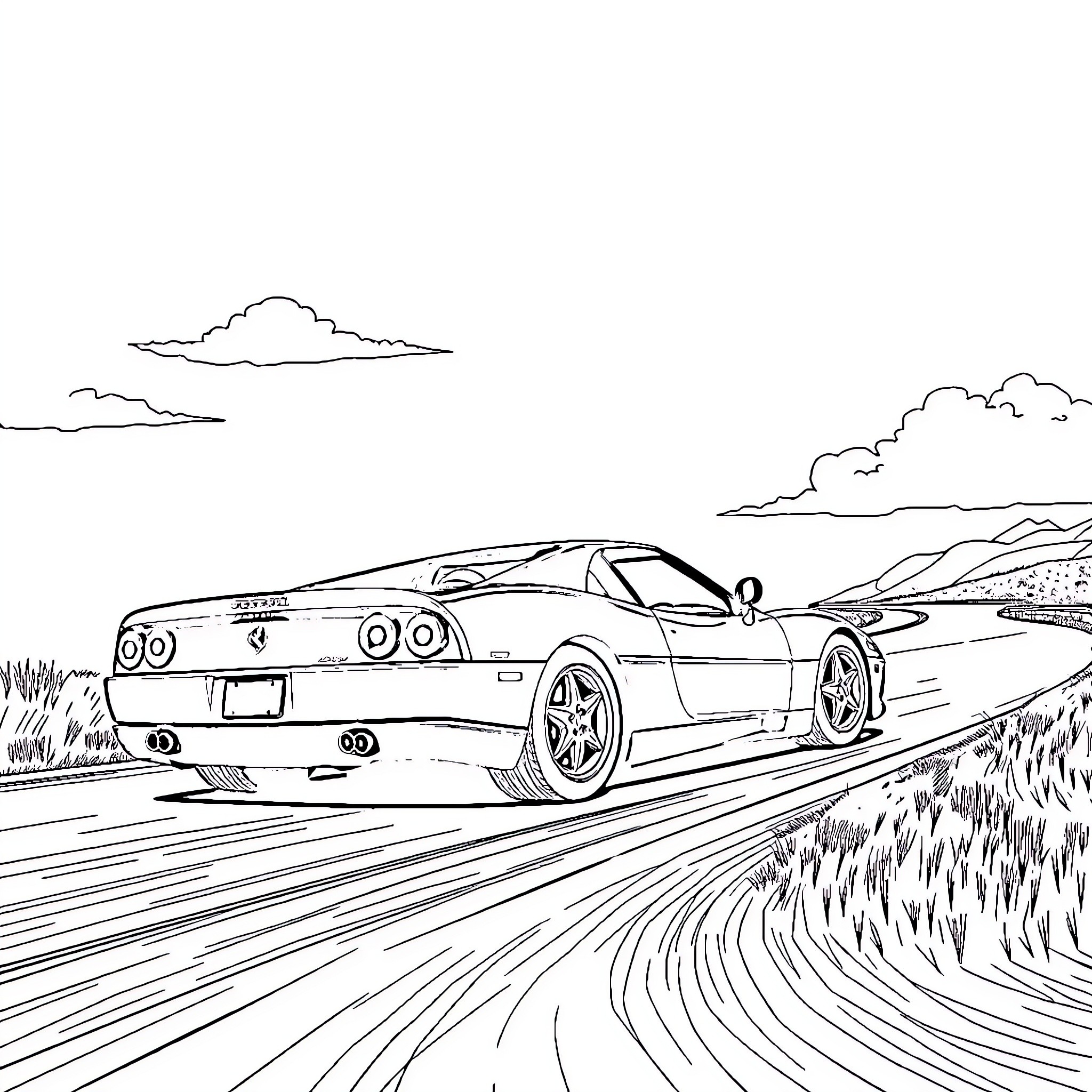 Ferrari speeding through scenic countryside Coloring Page (free black-and-white line drawing printable PDF for all, from beginners to advanced learners, including children, teens, adults, and seniors)