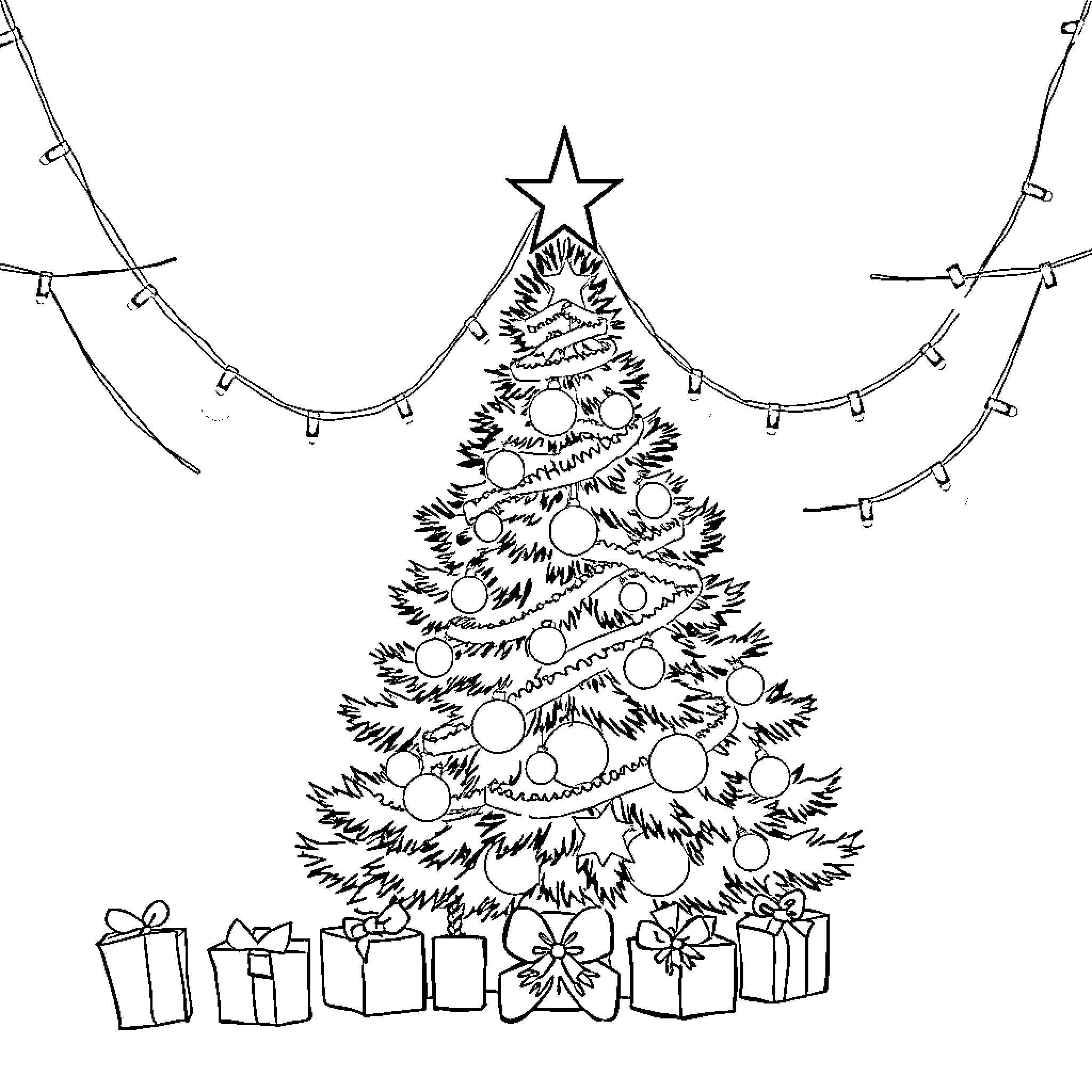 Christmas tree with lights and presents Coloring Page (free black-and-white line drawing printable PDF for all, from beginners to advanced learners, including children, teens, adults, and seniors)