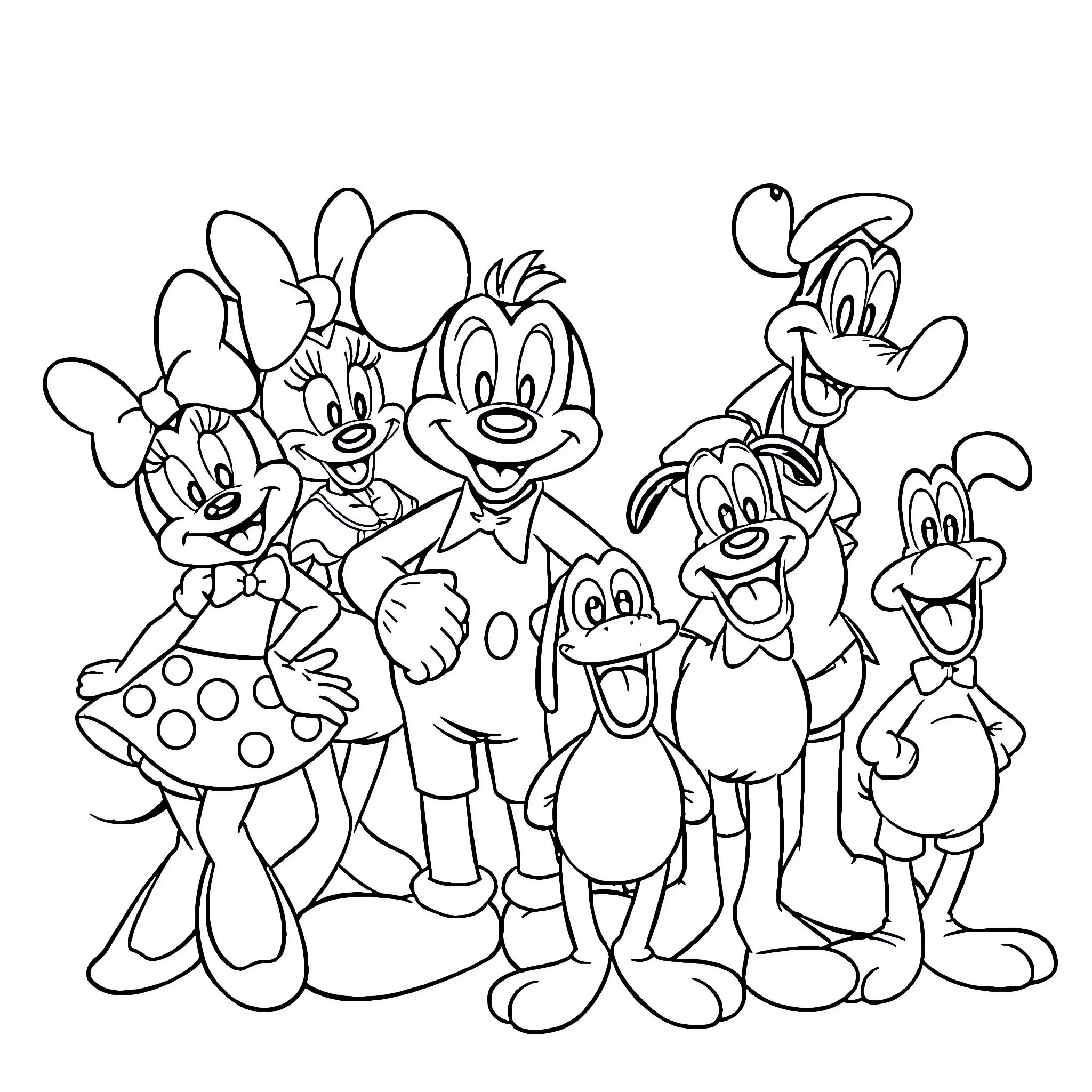 Mickey Mouse and Friends in Playful Poses Coloring Page (free black-and-white line drawing printable PDF for all, from beginners to advanced learners, including children, teens, adults, and seniors)
