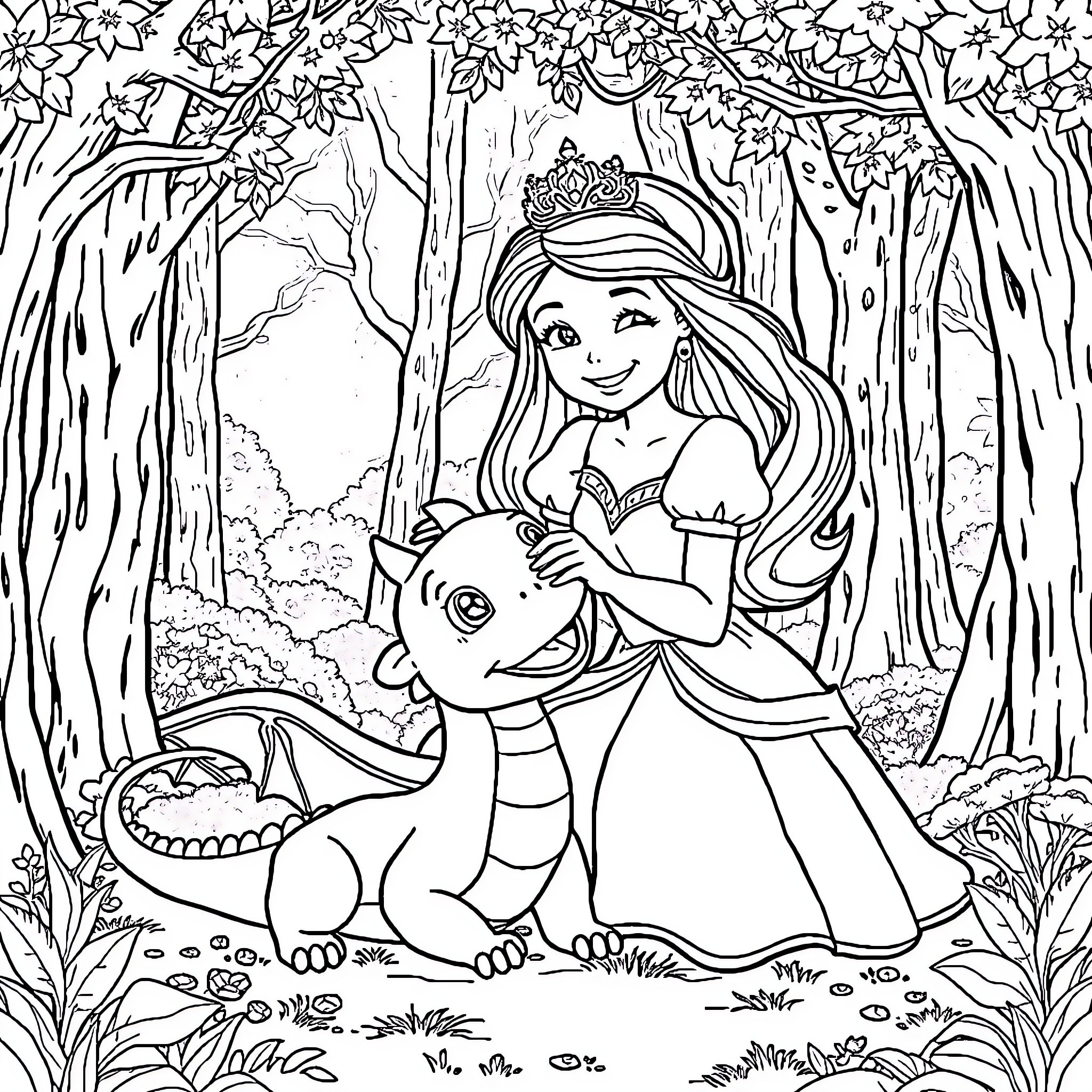 Princess exploring the enchanted forest with her dragon companion Coloring Page (free black-and-white line drawing printable PDF for all, from beginners to advanced learners, including children, teens, adults, and seniors)