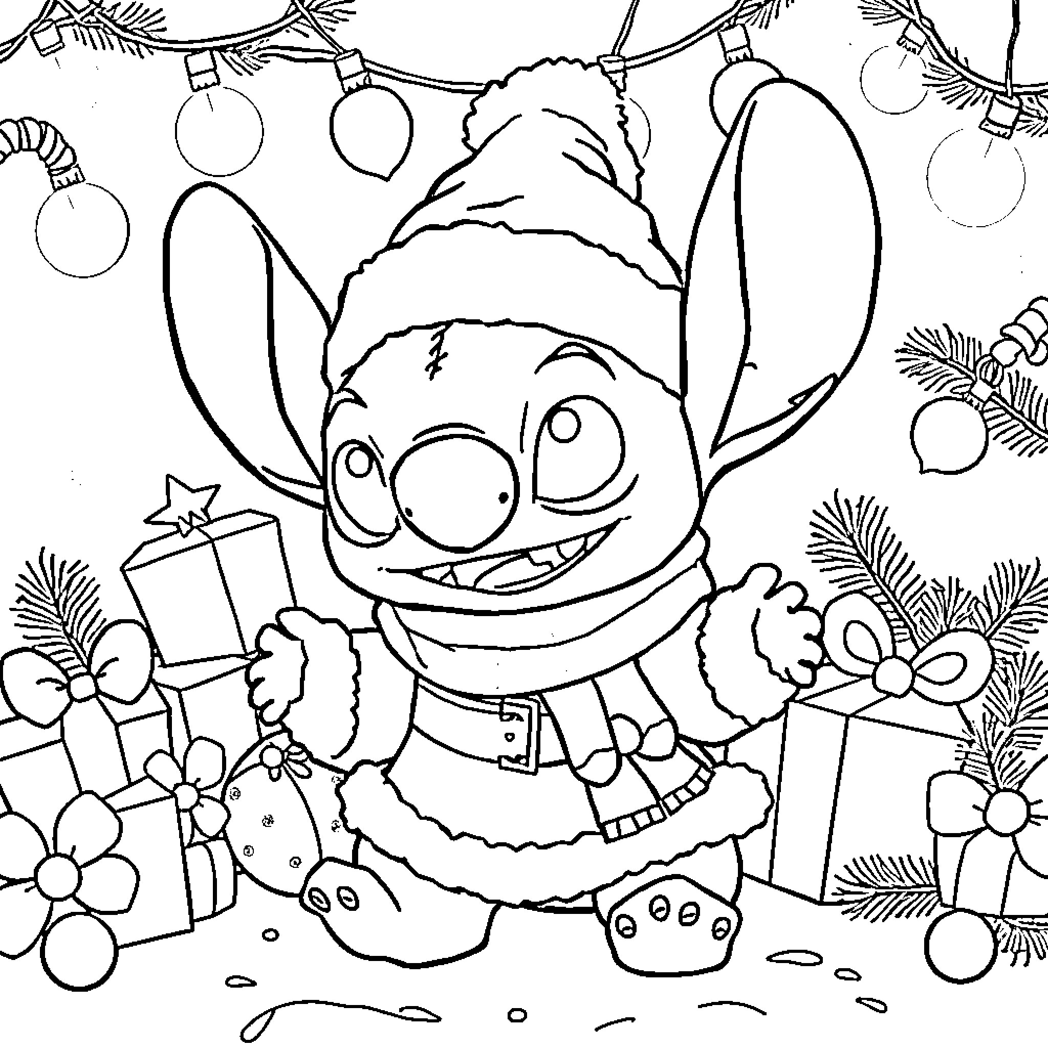 Stitch Celebrates the Holidays Joyfully Coloring Page (free black-and-white line drawing printable PDF for all, from beginners to advanced learners, including children, teens, adults, and seniors)