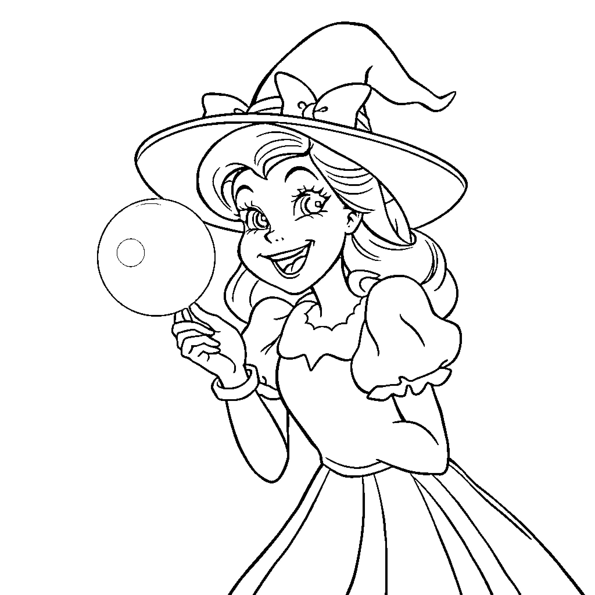 Glinda the Good Witch in a whimsical pose Coloring Page (free black-and-white line drawing printable PDF for all, from beginners to advanced learners, including children, teens, adults, and seniors)