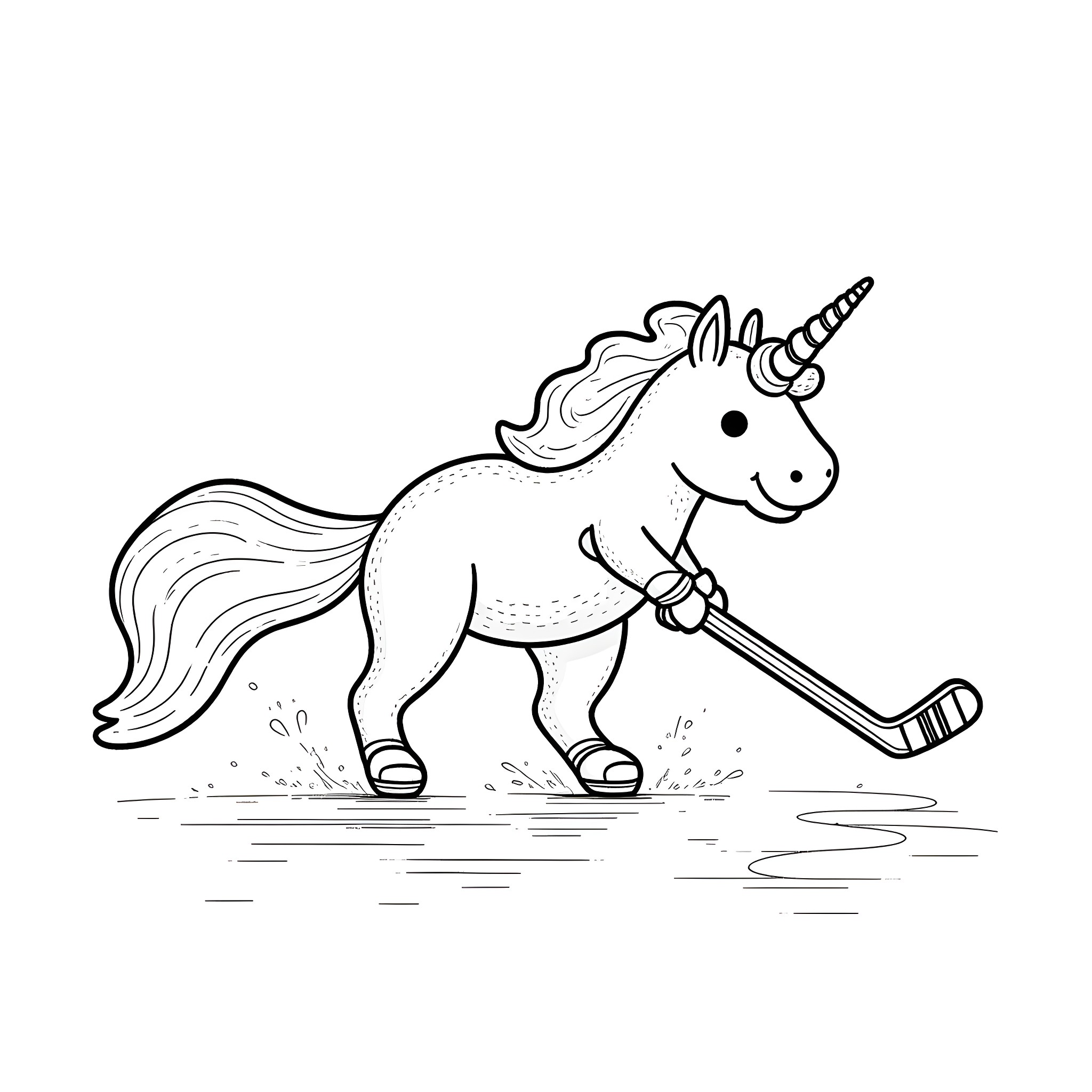 Unicorn Axolotl playing with hockey stick Coloring Page (free black-and-white line drawing printable PDF for all, from beginners to advanced learners, including children, teens, adults, and seniors)