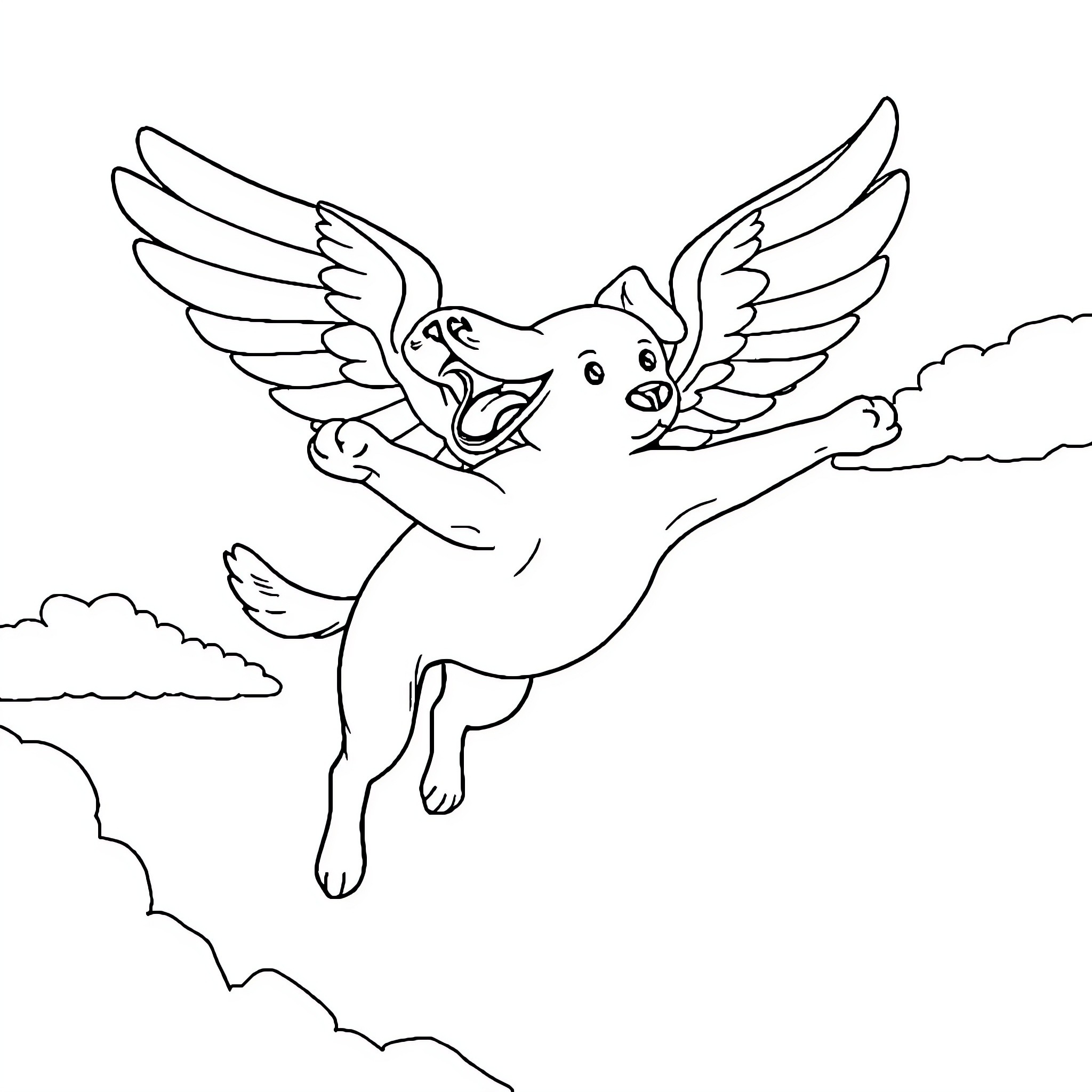 Dog soaring happily with wings in the sky Coloring Page (free black-and-white line drawing printable PDF for all, from beginners to advanced learners, including children, teens, adults, and seniors)