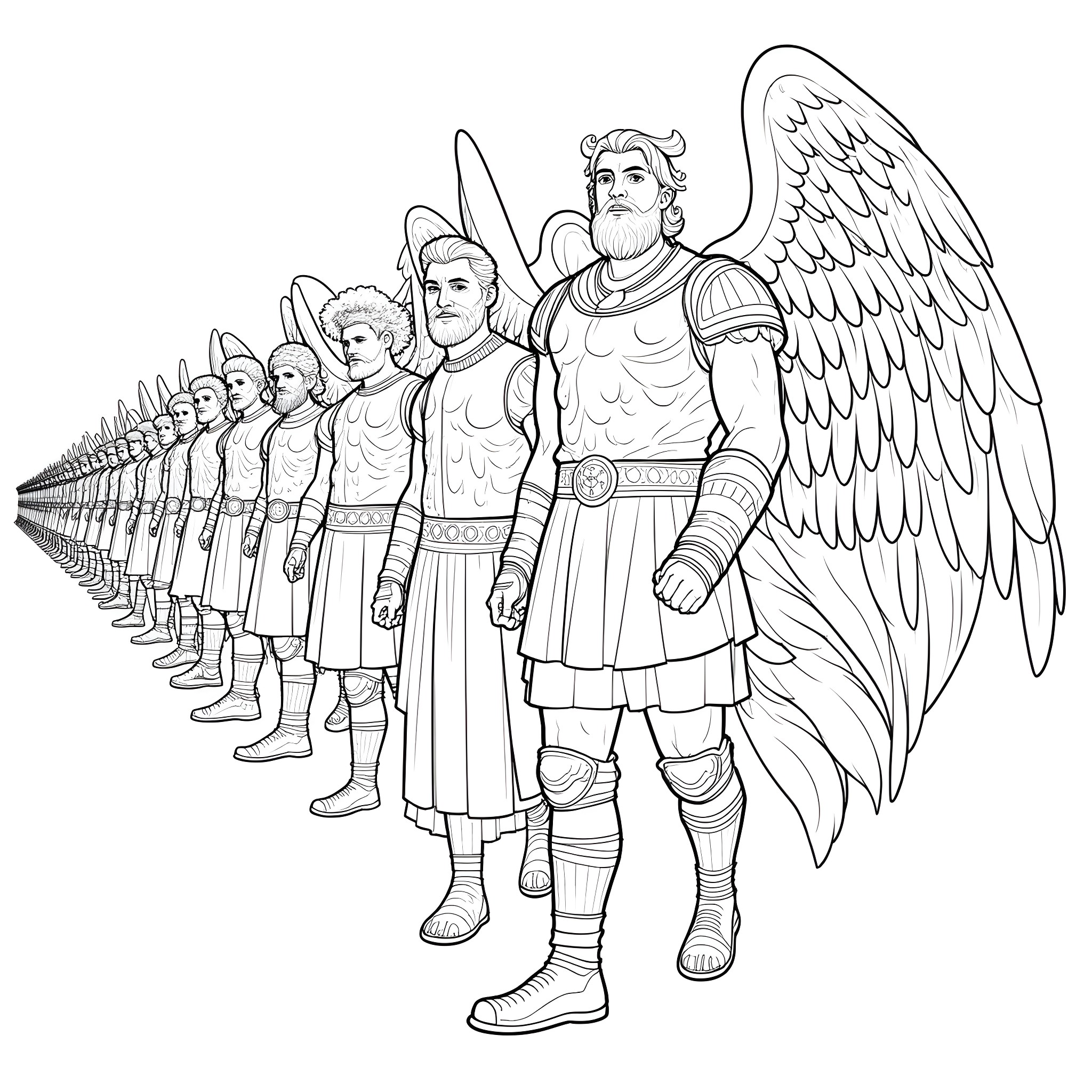 Angel warriors in formation Coloring Page (free black-and-white line drawing printable PDF for all, from beginners to advanced learners, including children, teens, adults, and seniors)
