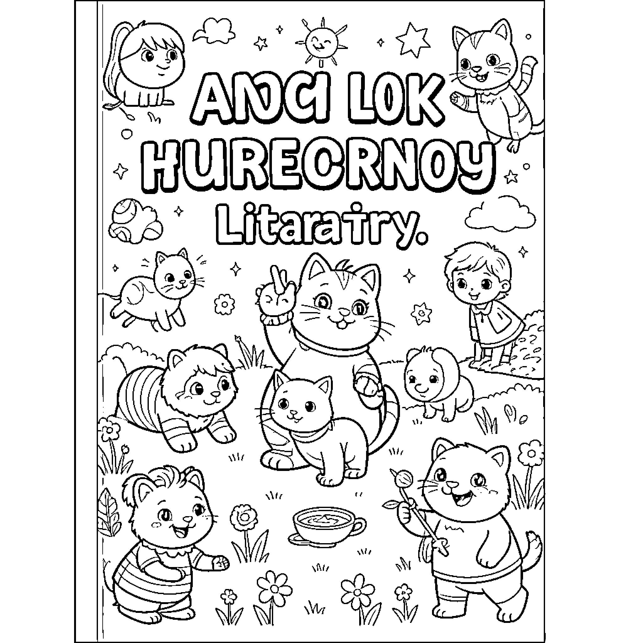 Book featuring smiling animals and children in nature Coloring Page (free black-and-white line drawing printable PDF for all, from beginners to advanced learners, including children, teens, adults, and seniors)