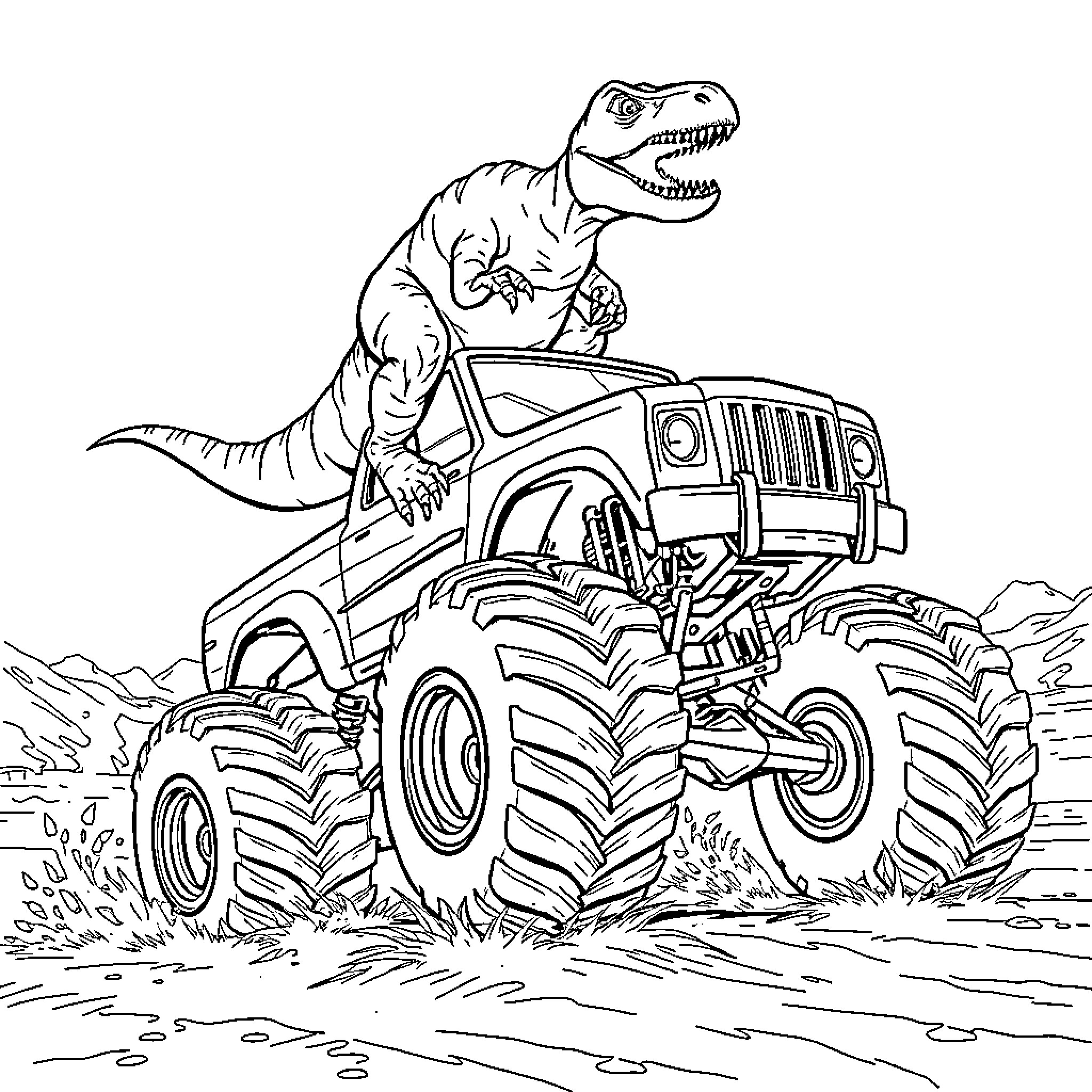 Trex driving monster truck over rugged terrain Coloring Page (free black-and-white line drawing printable PDF for all, from beginners to advanced learners, including children, teens, adults, and seniors)