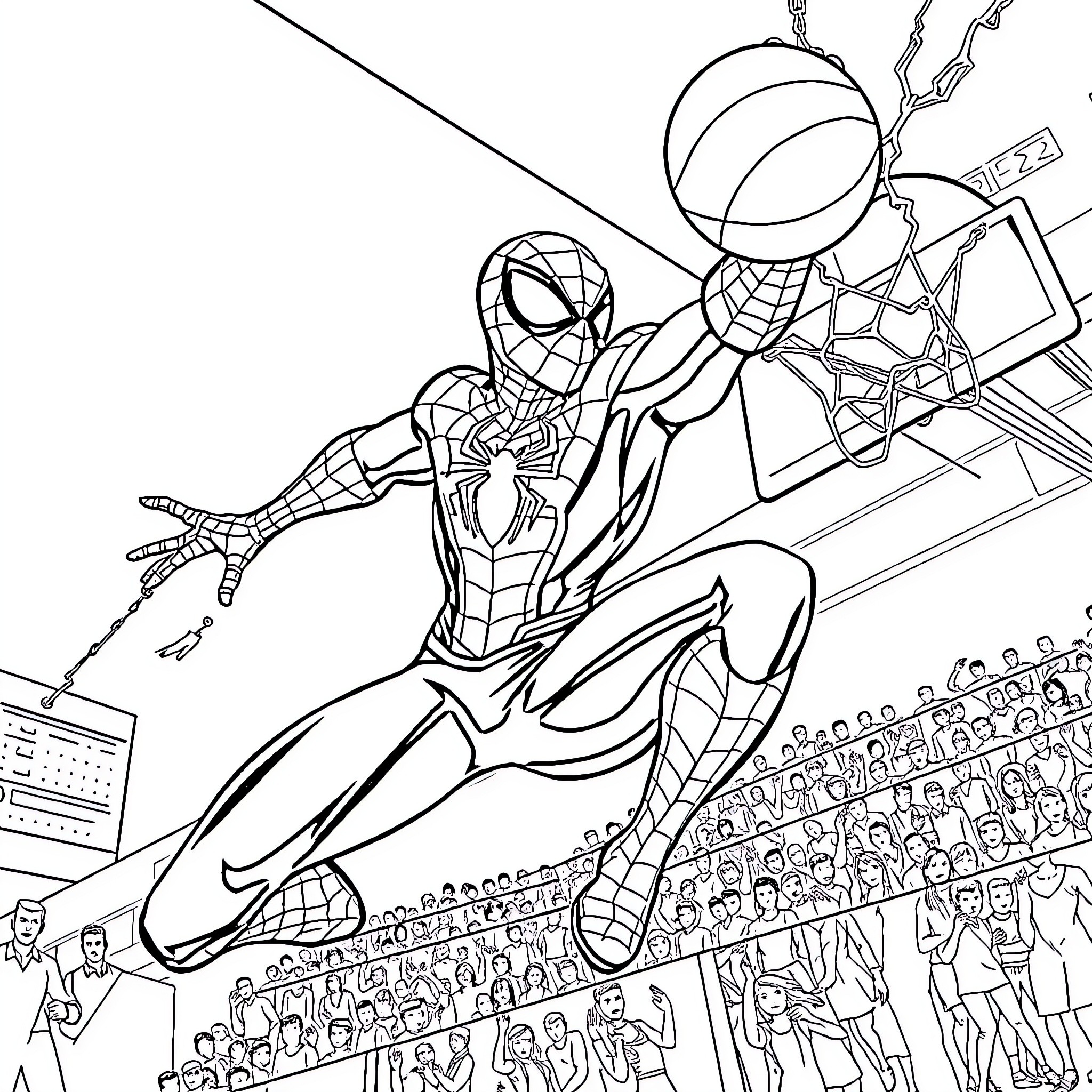 Spiderman swinging gracefully over the city Coloring Page (free black-and-white line drawing printable PDF for all, from beginners to advanced learners, including children, teens, adults, and seniors)