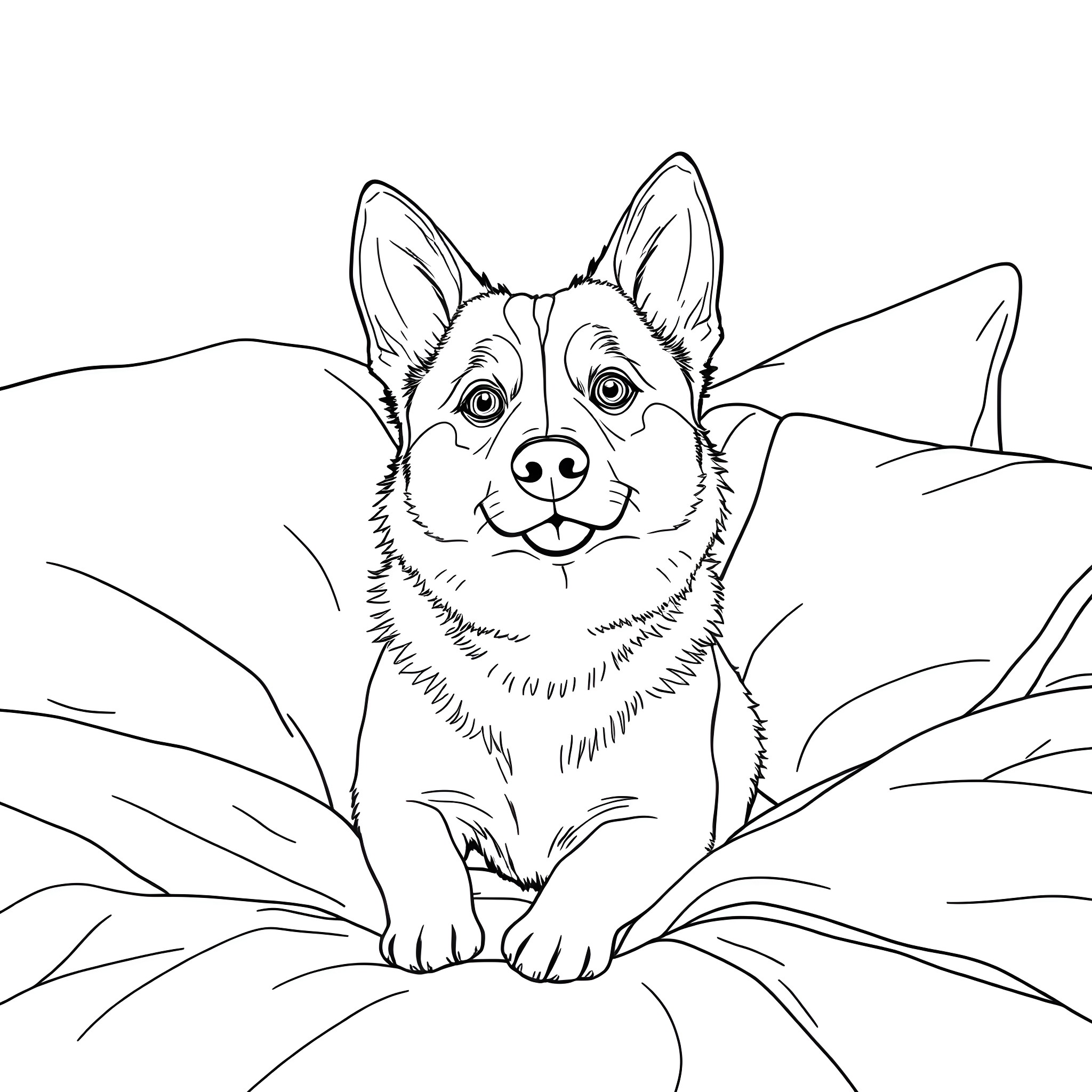 Corgi Husky Mix smiling in the field Coloring Page (free black-and-white line drawing printable PDF for all, from beginners to advanced learners, including children, teens, adults, and seniors)