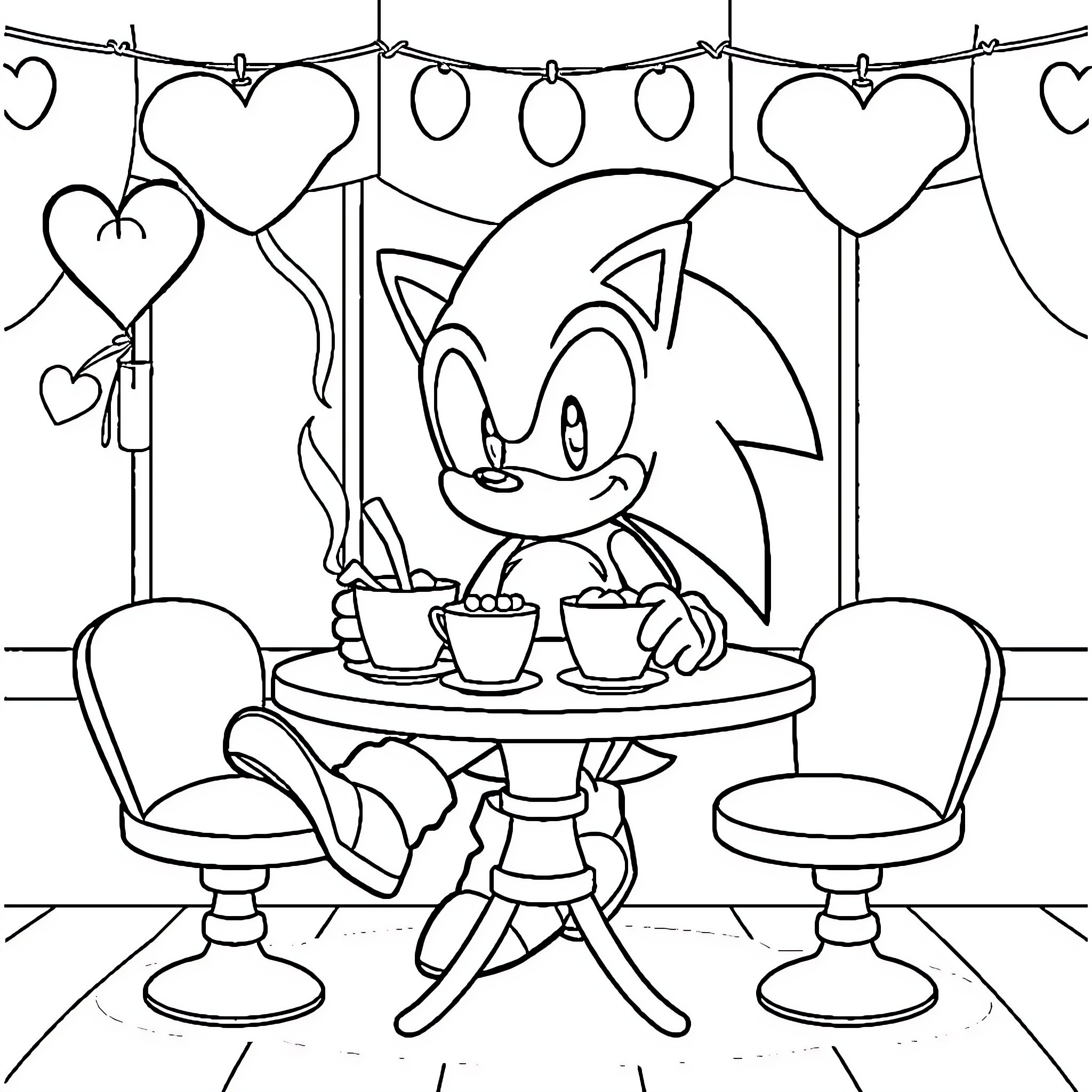 Sonic's Cozy Cafe Adventure Coloring Page (free black-and-white line drawing printable PDF for all, from beginners to advanced learners, including children, teens, adults, and seniors)