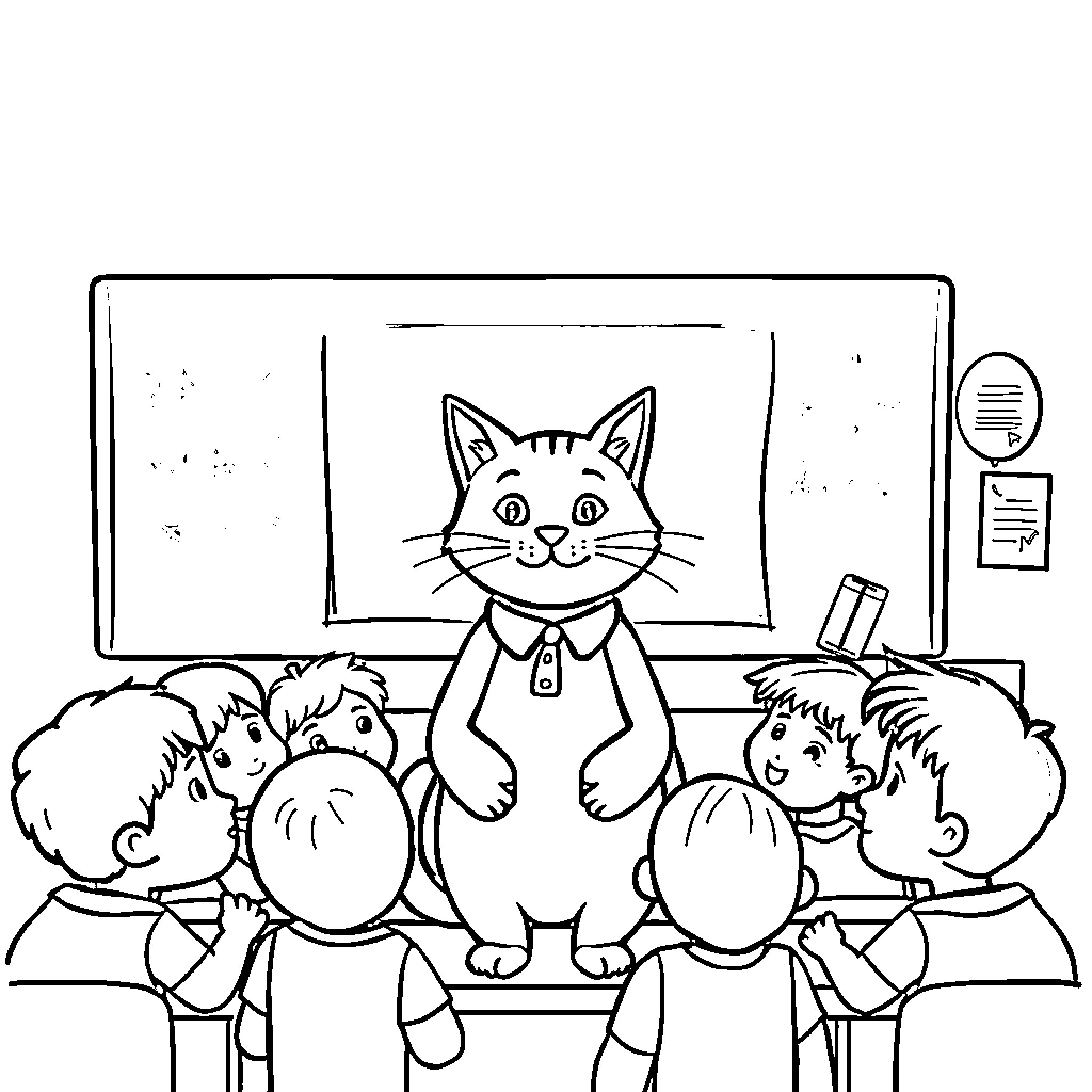 Cat Presenting to Attentive Students in Classroom Coloring Page (free black-and-white line drawing printable PDF for all, from beginners to advanced learners, including children, teens, adults, and seniors)