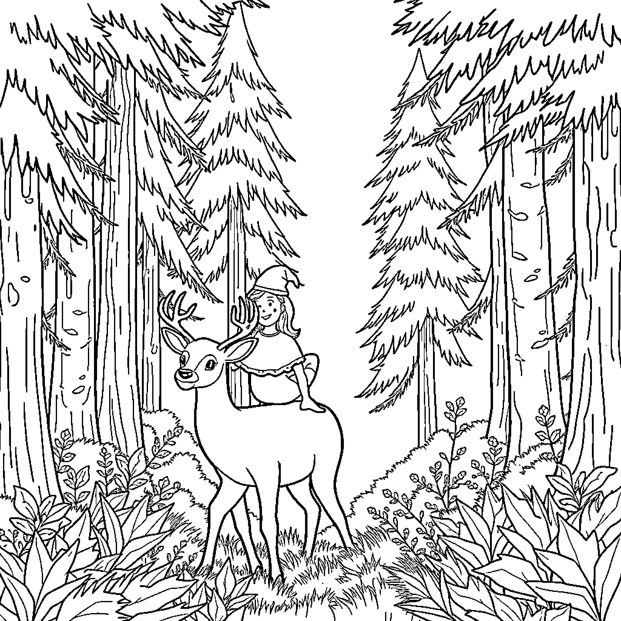 Deer in the enchanted forest Coloring Page (free black-and-white line drawing printable PDF for all, from beginners to advanced learners, including children, teens, adults, and seniors)