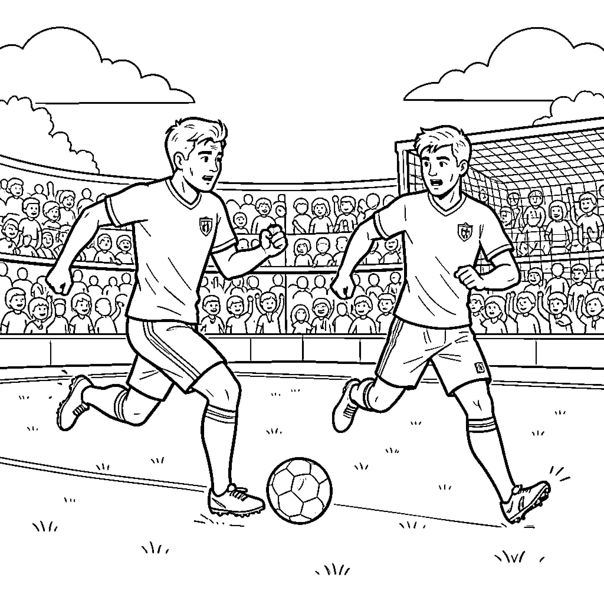Soccer Player dribbling ball past a teammate in stadium Coloring Page (free black-and-white line drawing printable PDF for all, from beginners to advanced learners, including children, teens, adults, and seniors)