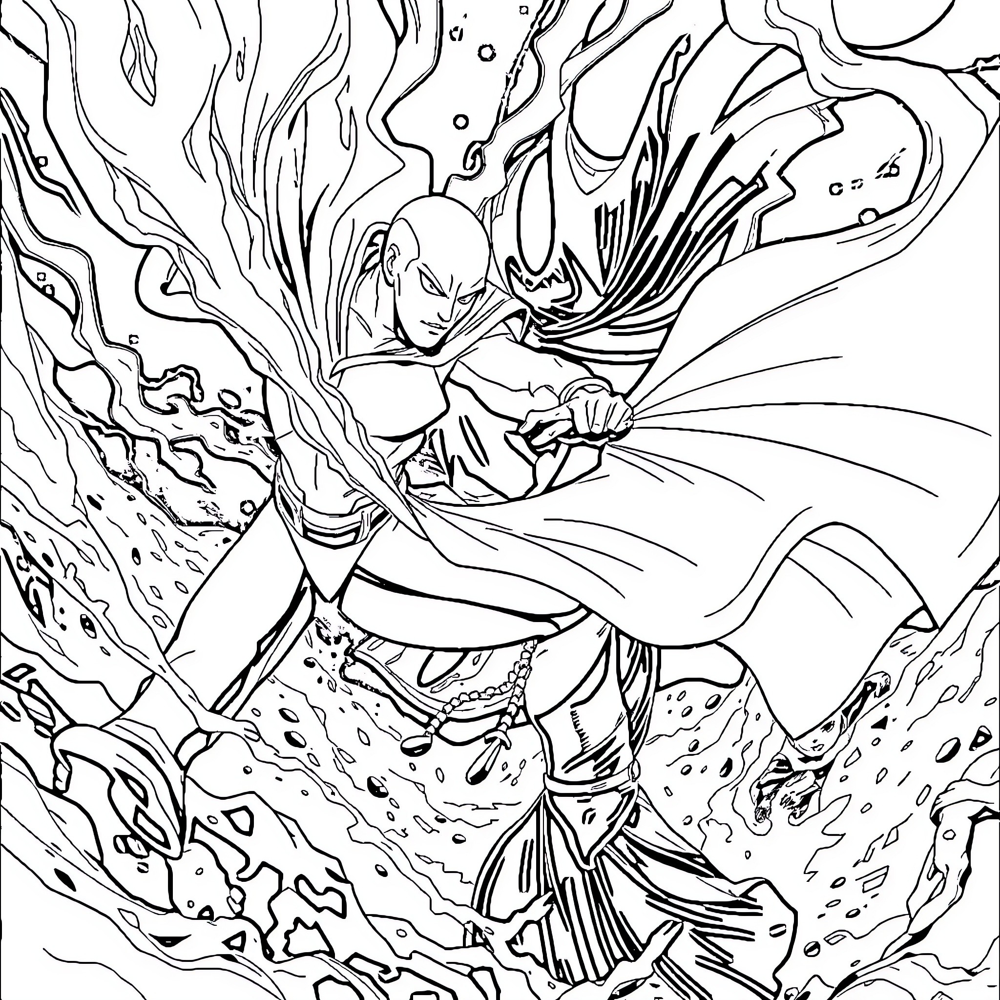 Phantom Warrior Emerges from Cosmic Chaos Coloring Page (free black-and-white line drawing printable PDF for all, from beginners to advanced learners, including children, teens, adults, and seniors)