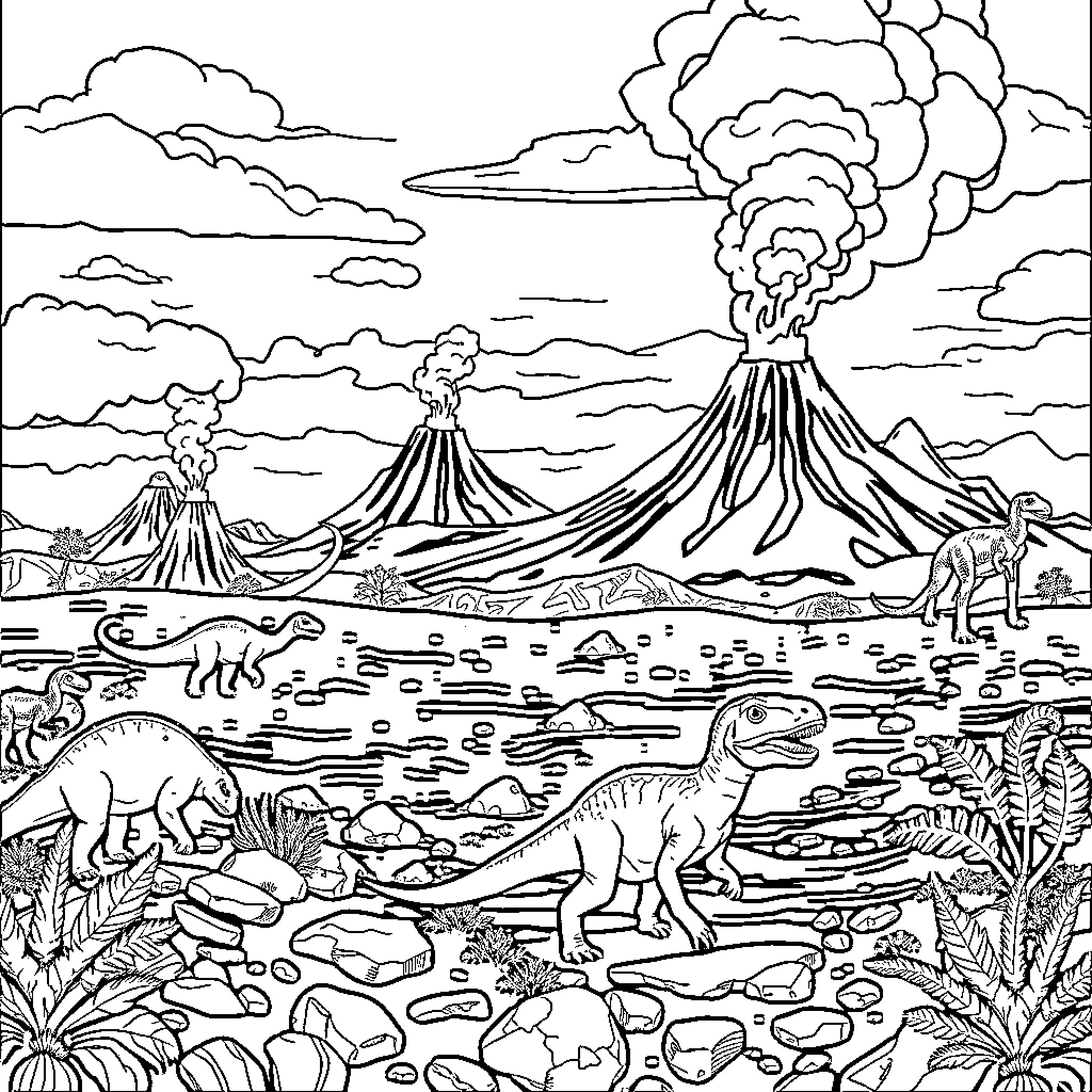 Dinosaurs in a prehistoric volcanic landscape Coloring Page (free black-and-white line drawing printable PDF for all, from beginners to advanced learners, including children, teens, adults, and seniors)