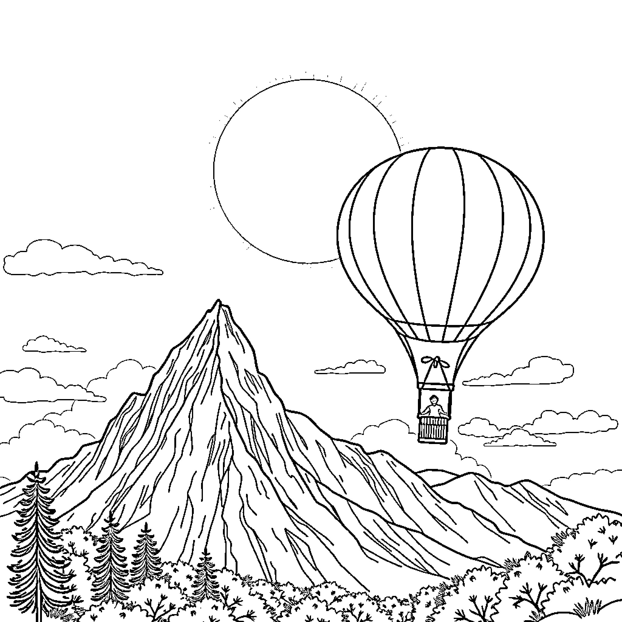 Sun-filled adventure in the mountain landscape Coloring Page (free black-and-white line drawing printable PDF for all, from beginners to advanced learners, including children, teens, adults, and seniors)