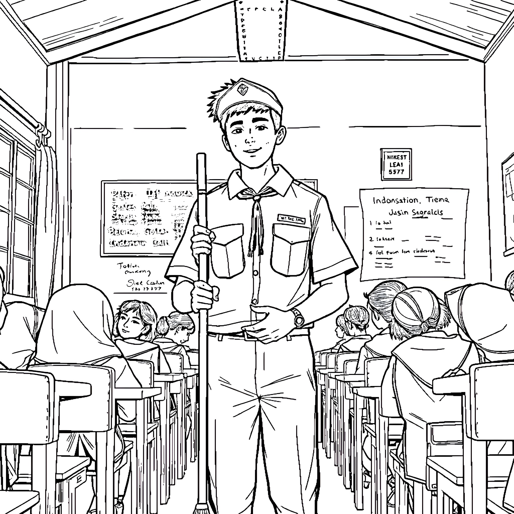 Student Presenting in Classroom with Peers Coloring Page (free black-and-white line drawing printable PDF for all, from beginners to advanced learners, including children, teens, adults, and seniors)