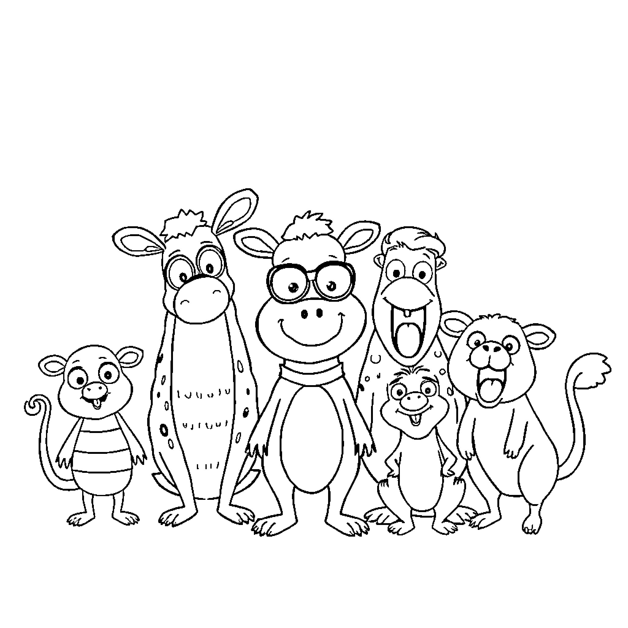 Animal friends posing together with funny expressions Coloring Page (free black-and-white line drawing printable PDF for all, from beginners to advanced learners, including children, teens, adults, and seniors)